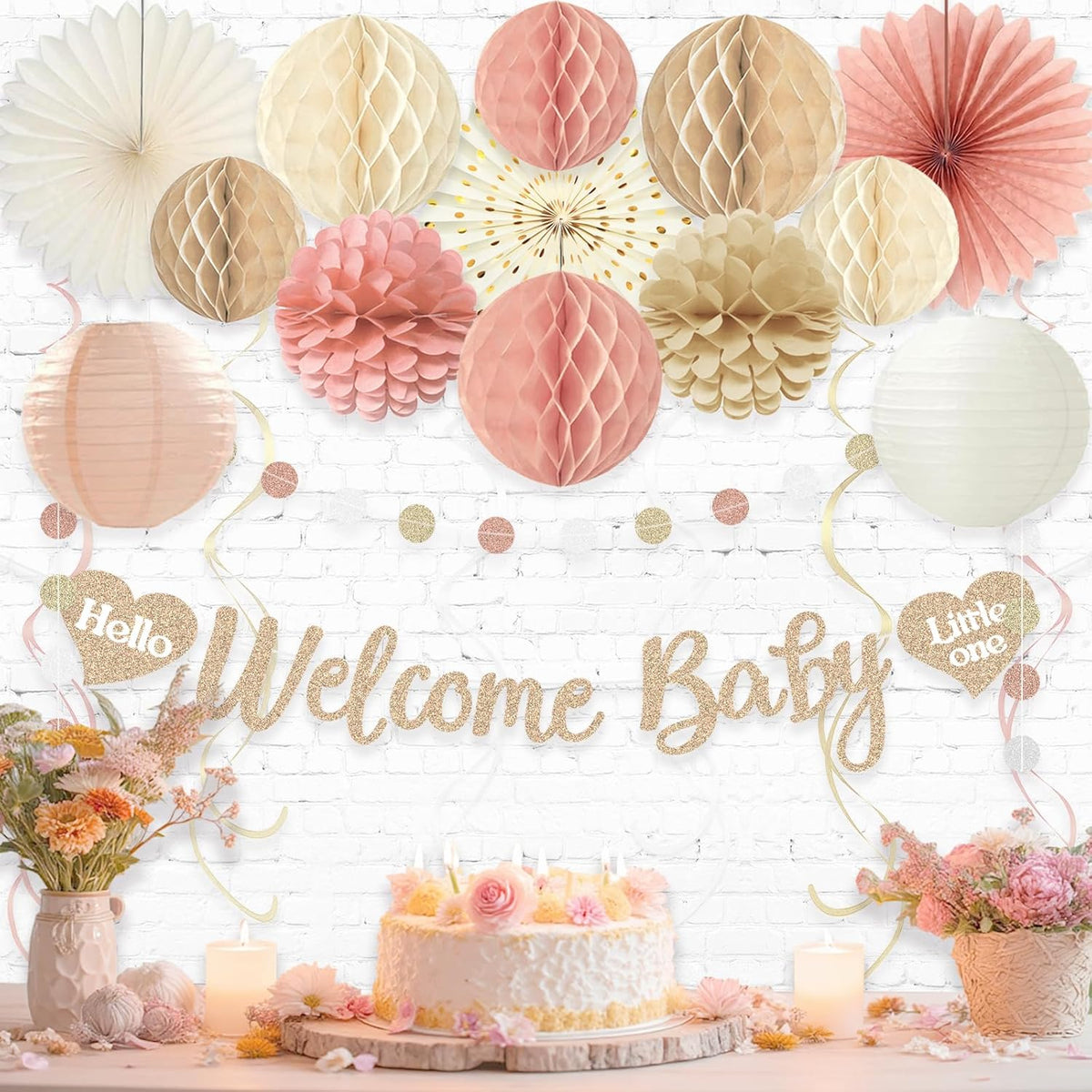 Boho Baby Shower Decorations for Girl, Pre-Strung Welcome Baby Banner with Honeycomb Balls, Paper Flowers, Lanterns, Fans, Hanging Swirls, Circle Dots Garland for Girl Baby Shower Decorations 24pcs