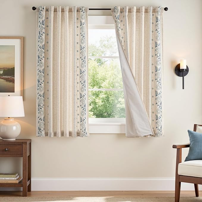 jinchan Winslow Lined Linen Curtains for Bedroom 63 Inches Linen Blended Embroidered Bordered Floral Curtains for Living Room Farmhouse Decor Window Treatments Blue on Beige Drapes 2 Panels