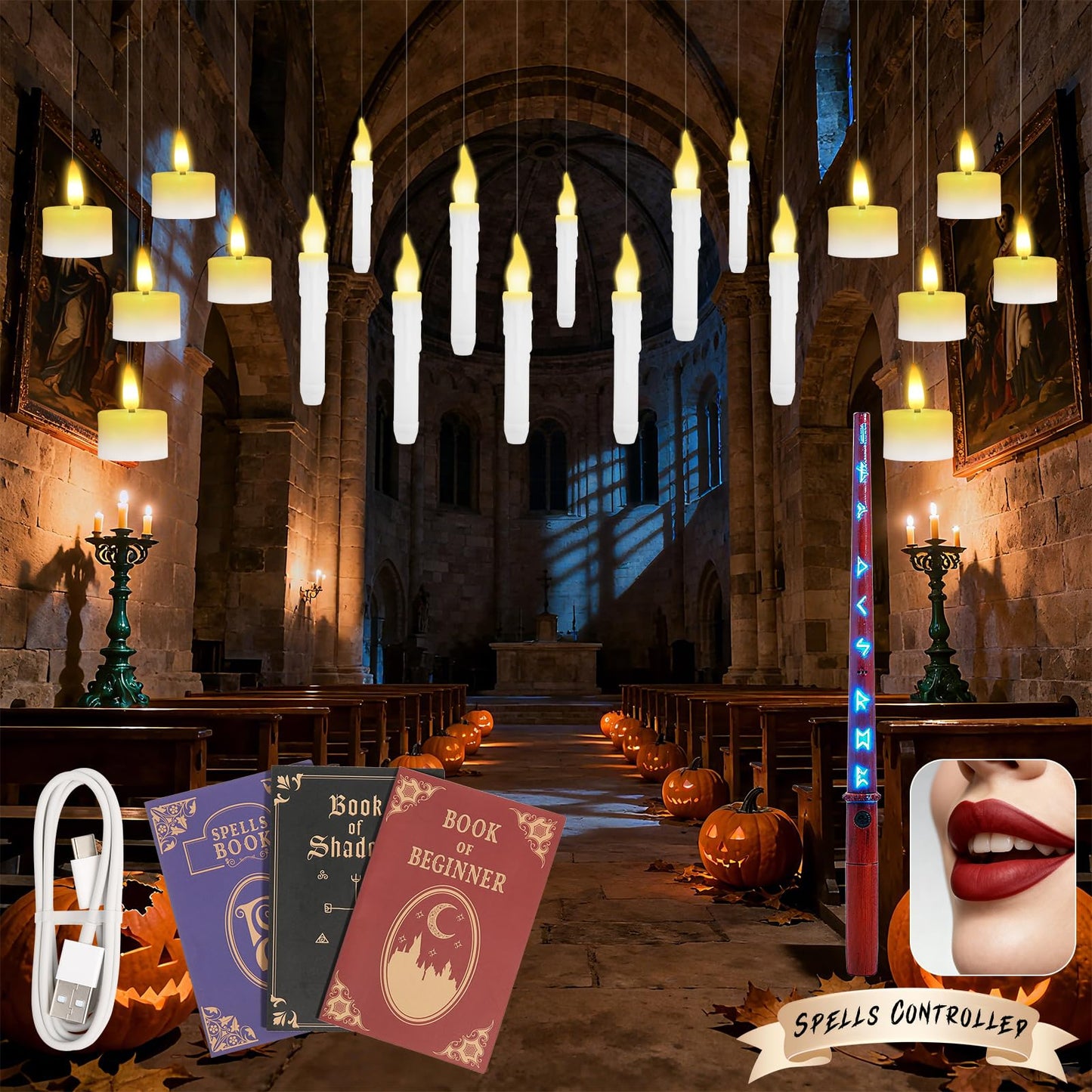 Hobrad 20PCS Floating Candles with Wand Halloween Decorations Indoor Hanging Candles Halloween Battery Candles with Voice Remote Control
