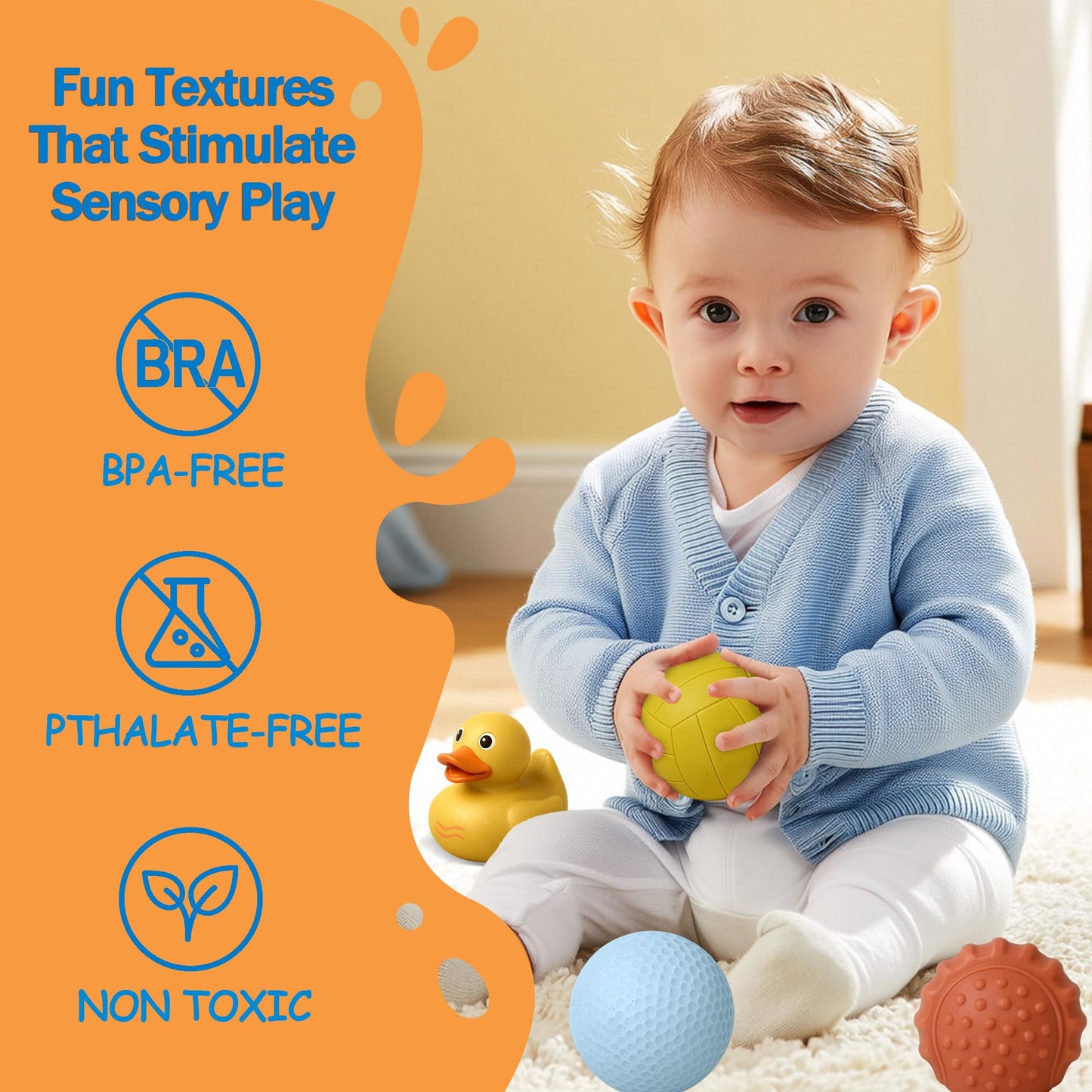 Soft Building Blocks & Baby Bath Toys Bundle - STEM Montessori Stacking: Rubber Blocks 42PCS with Storage (12-18M) + Floating Duck & No-Hole Wheat Straw Sensory Balls (9 Pack) for 6-12M & Toddlers 1–3