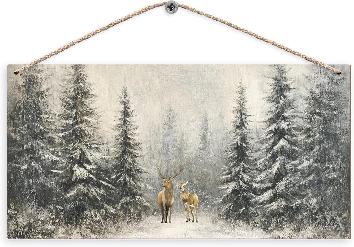 Winter Pine Tree Deer Wooden Sign, 12x6 inches, Rustic Wall Decor for Home, Office or Gifting