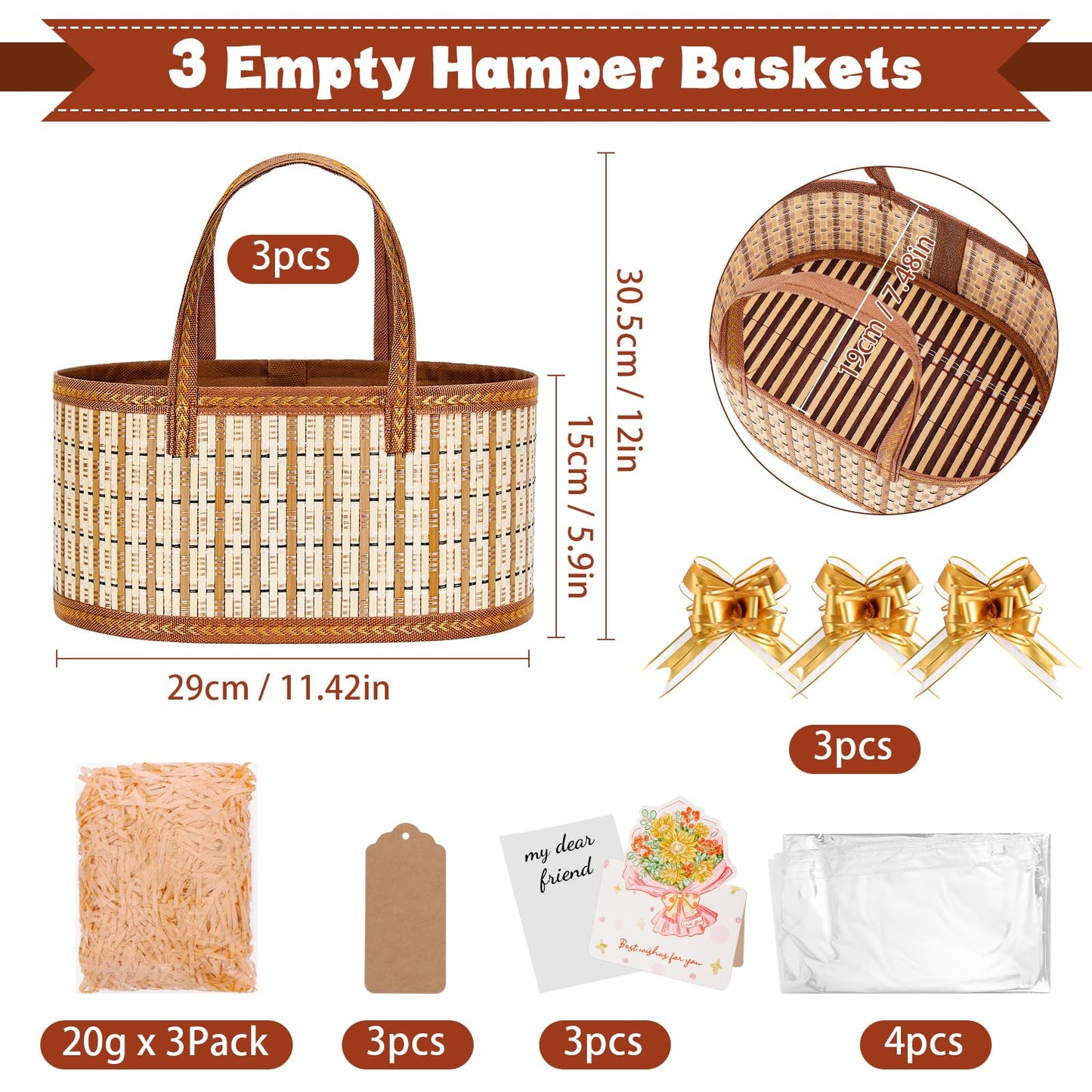 Dreamtop 3 Set Baskets for Gifts Empty, Woven Bamboo Gift Basket Empty Large with Handles, Sturdy Gift Basket Kit Empty to Fill for Christmas Birthday Baby Shower Wedding Gift