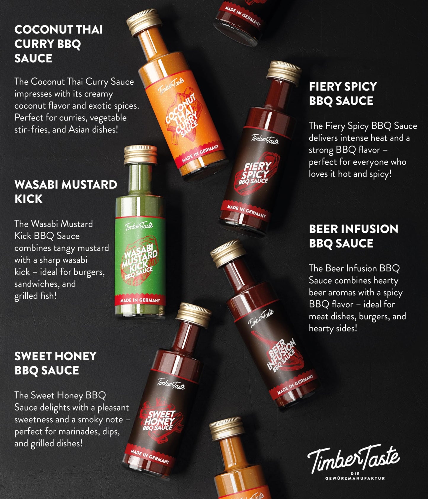 TIMBER TASTE® Exotic BBQ Sauce Gift Set for Men [5x40 ml] - BBQ Sauce Variety Pack with Barbeque Sauce Sampler Blends | Food Gift Sets | Hot Sauce Gift Sets Style Grill Picks for Dad Birthday