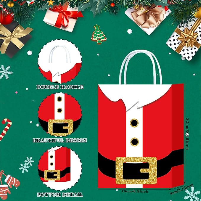 HongXingHai 24Pcs Fine Christmas Kraft Paper Gift Bags with Handles - Christmas Prints for Holiday Xmas Party Favors