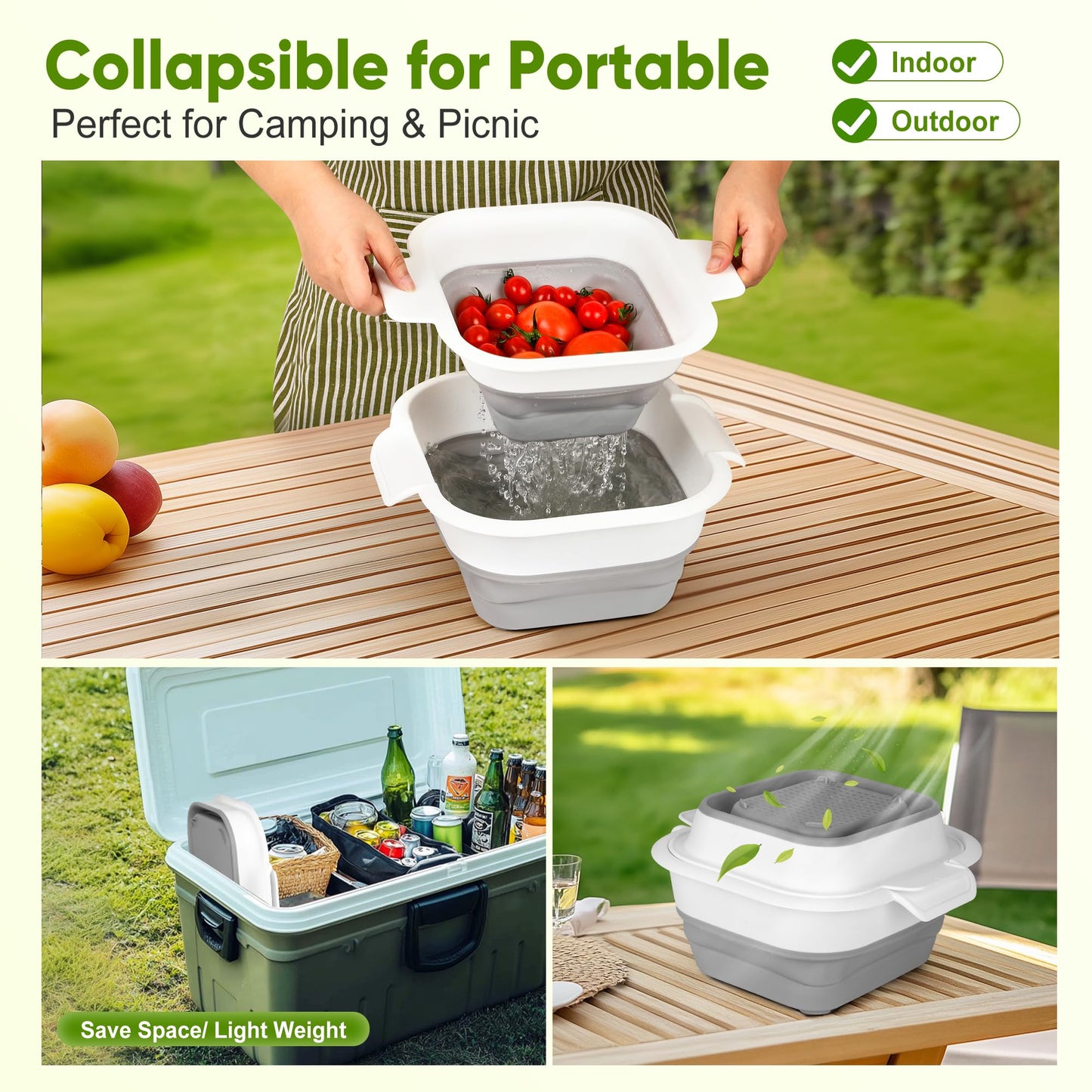 ROTTOGOON Collapsible Colander Set with Strainer Bowl, 2 in 1 Fruit Washing Basket with Strainer, 5 + 3 QT Plastic Colanders for Kitchen, Foldable Double Layered Colanders Bowl for Vegetable, Grey