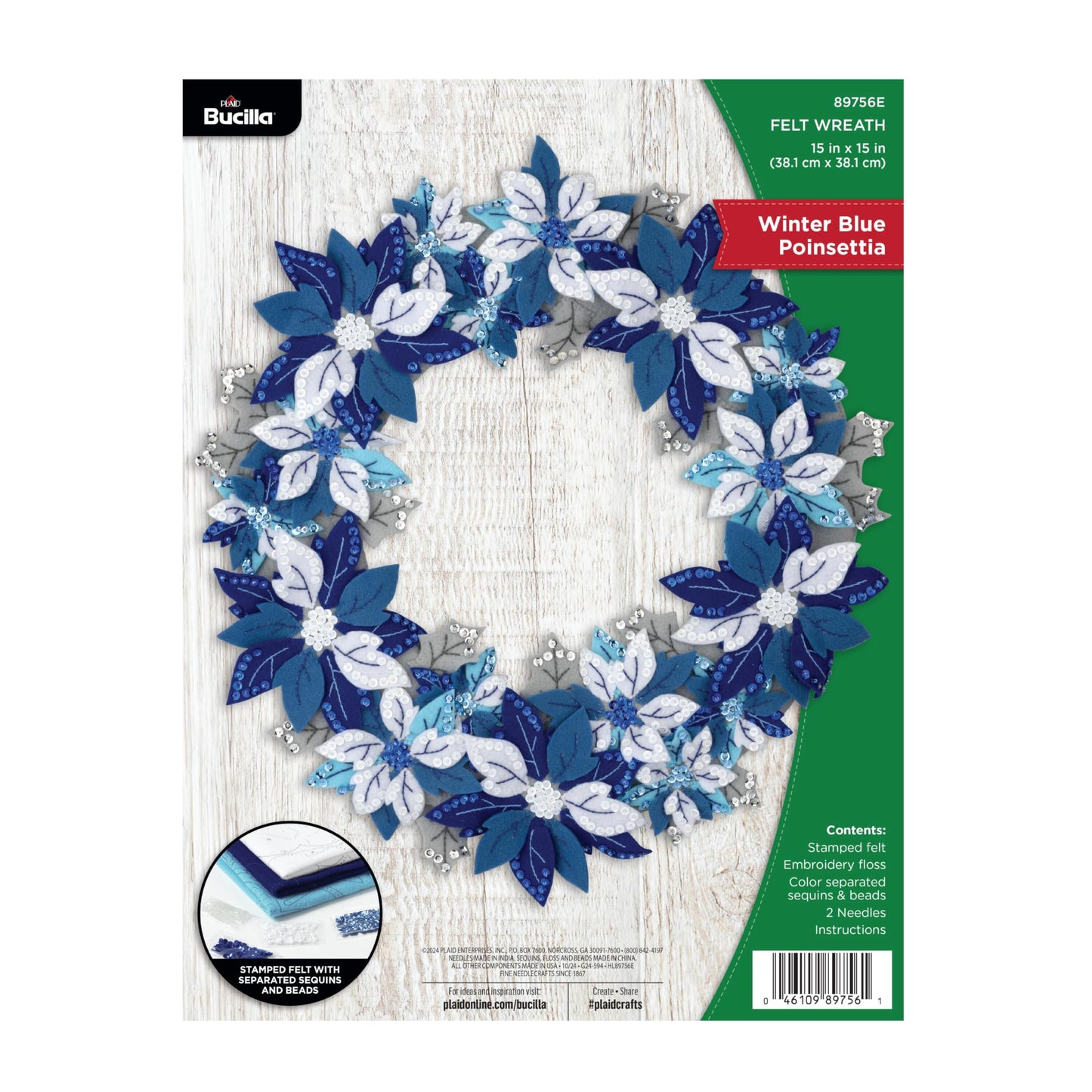 Bucilla Felt Applique Wreath Making Kit, Winter Blue Poinsettia, Perfect for DIY Arts and Crafts