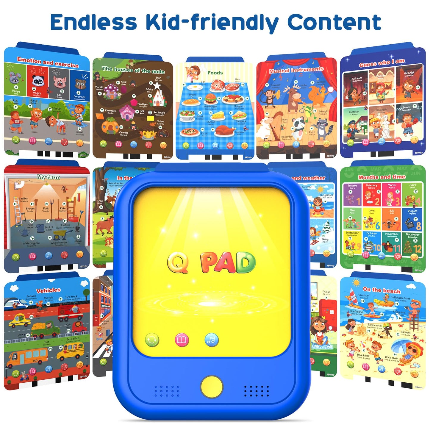 Qiaojoy Kids Learning Tablet Educational Learning Pad for Toddlers 2-5 to Learn Alphabets, Numbers, Foods, Time, Music, Talking Cards for Toddlers，Learning Educational Toy Kids Gifts