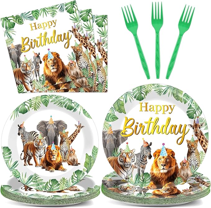 96Pcs Jungle Animals Plates and Napkins Safari Happy Birthday Party Decorations Zoo Party Dessert Plates Wild Animals Lion Tiger Theme Tableware for 24 Guests Men Woman Adults Birthday Supplies