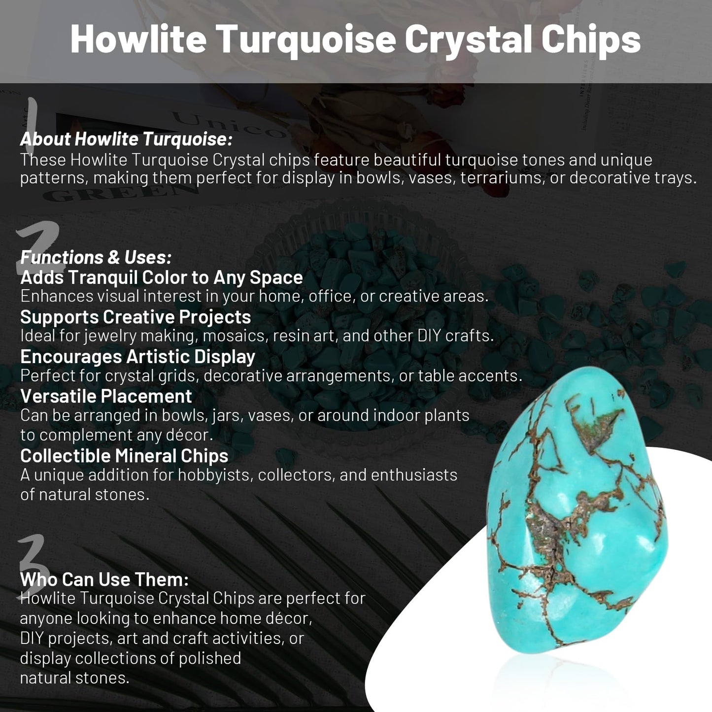 1.1lb Crushed Howlite Turquoise Crystal Tumbled Chips-Howlite Turquoise Healing Crystals Chips Bulk, Crushed Crystal Gemstones for Crafts, Beautiful Package for Gift