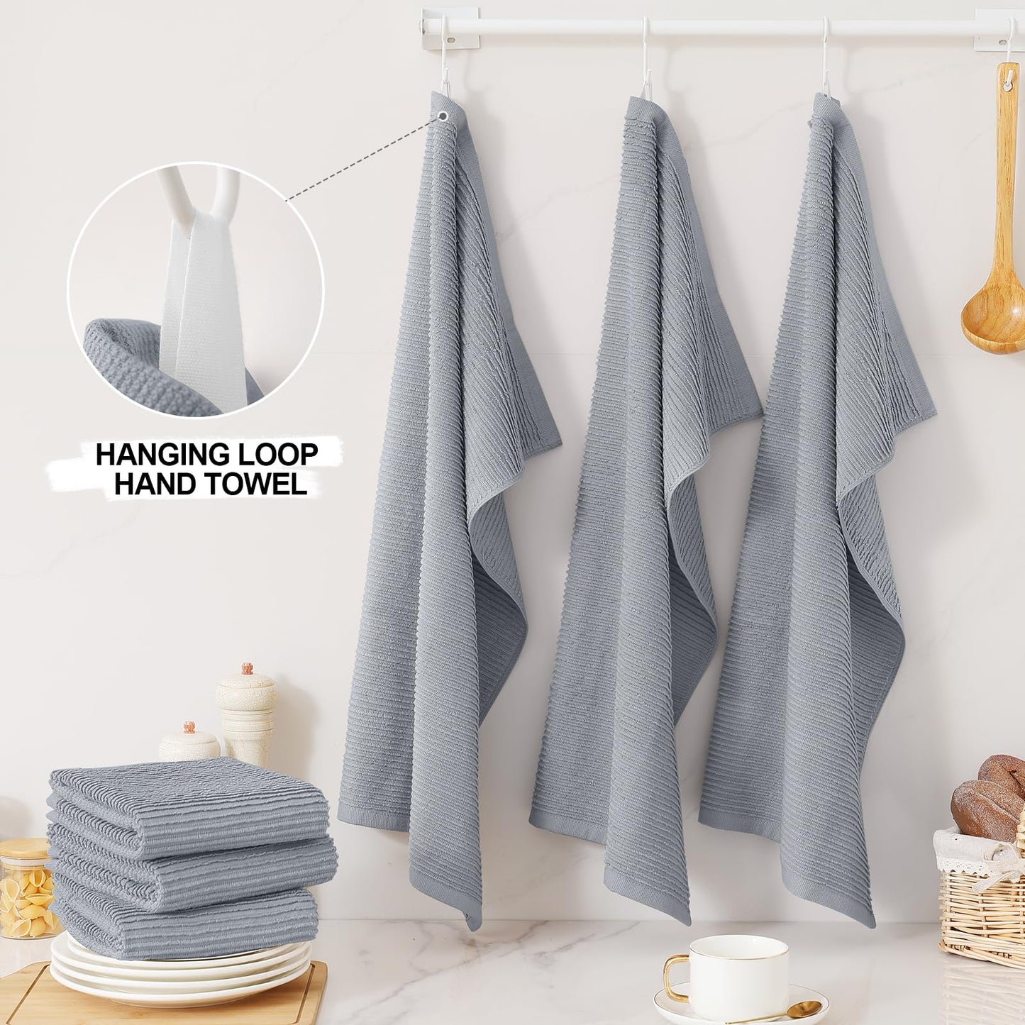 Homaxy Premium Kitchen Towels (18"x 28", 6 Pack), Large 100% Cotton Kitchen Hand Towels, Ultra Absorbent Ribbed Terry Tea Towels Set with Hanging Loop, Grey
