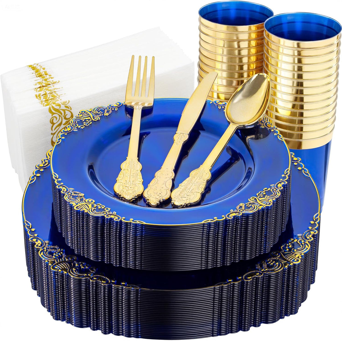 Nervure 175PCS Clear Blue Plastic Plates - Plastic Dinnerware Set Include 25Dinner Plates, 25Dessert Plates, 25Cups, 25Forks, 25Knives, 25Spoons, 25Napkins Perfect for Wedding & Party