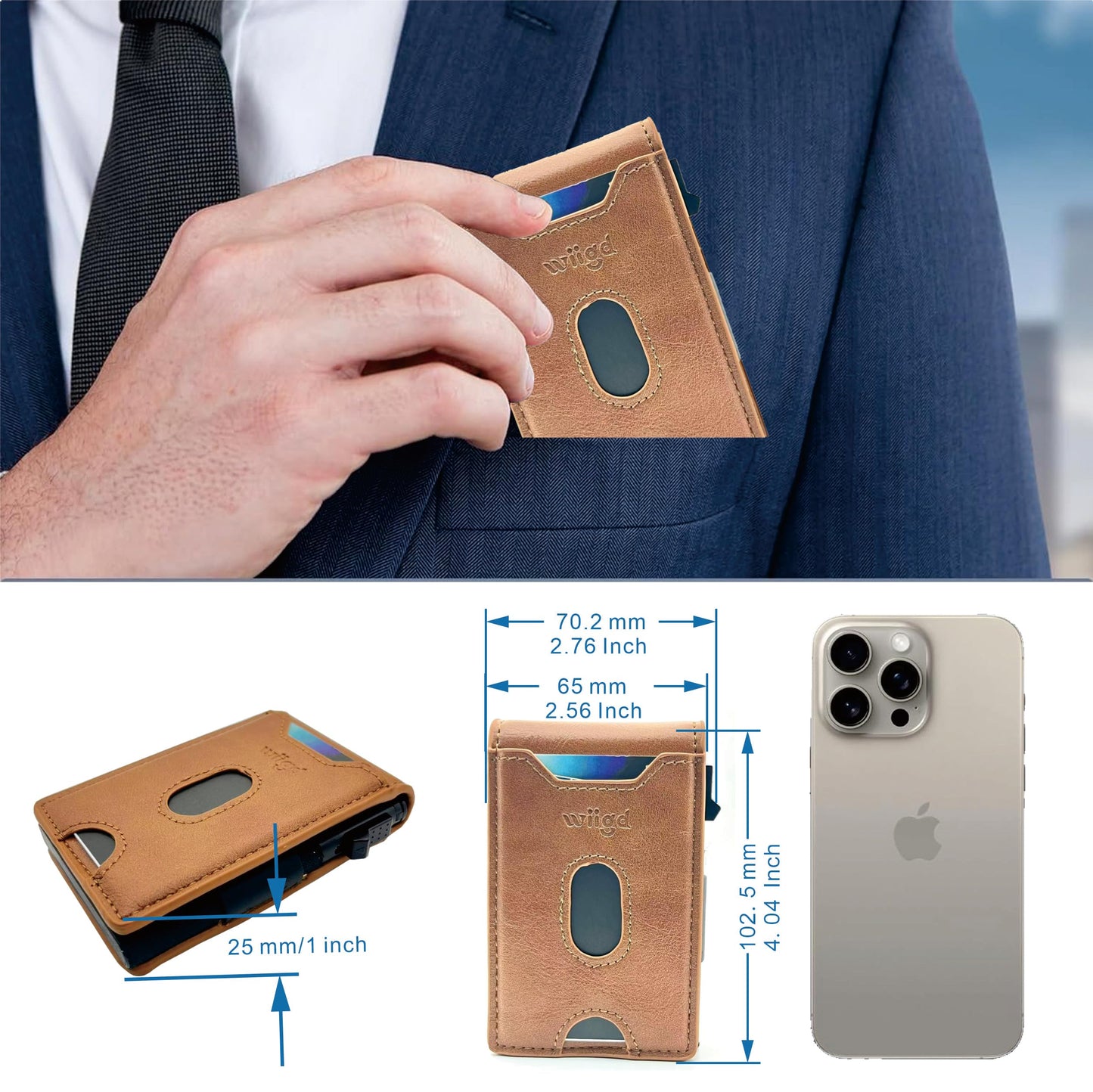 wiigd Men's Slim Bifold Wallet with Pop-Up Card Holder – RFID Blocking, Minimalist Aluminum Case, ID Window, Coin Pocket,Front Pocket Wallet with Gift Box(Brown)