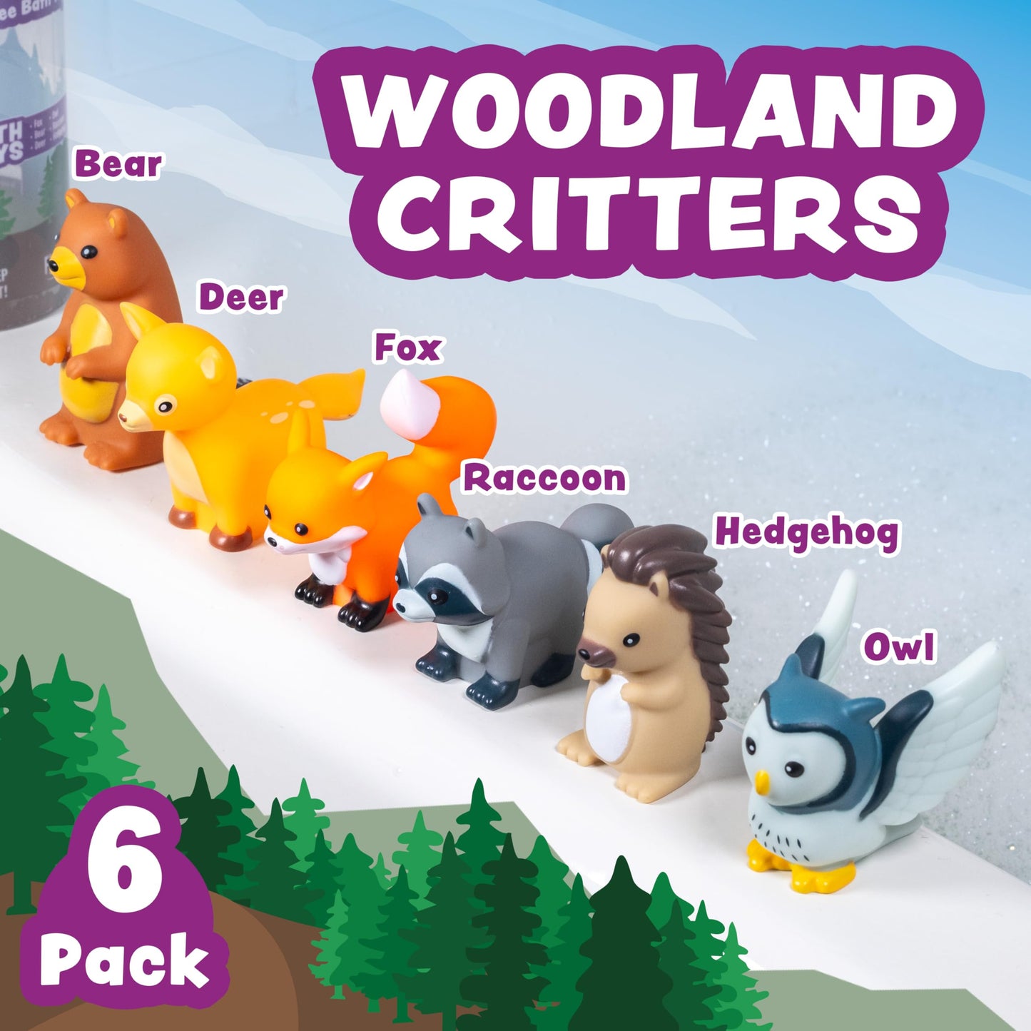 Tub Works® Woodland Animals Watertight Baby Bath Toys, 6 Pack | Sealed, No Hole Bath Toys Design Keeps Moisture Out | Soft, Squeezable & Float on Water | Easy-Grip Toddler Bath Toy Set for Kids Bath