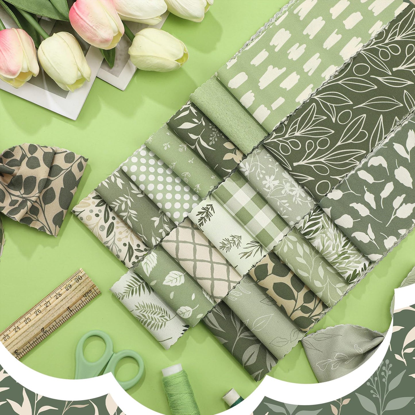 Hosuly 40 Pcs Sage Green Fabric Greenery Fabric for Rug Quilting Roll 2.55 Inch Forest Sage Leaf Quilting Strips Precut Bundle Roll for Spring Blanket Upholstery Purse Making DIY Craft Sewing
