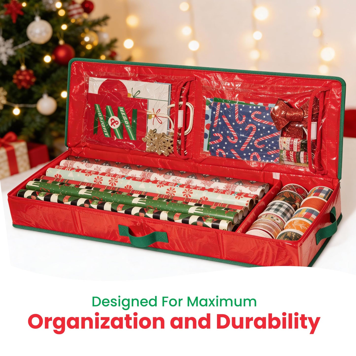 Handy Laundry Gift Wrap Storage Organizer, Easily organize Wrapping Paper, Ribbons, Bows, Scissors, Fits 18-24 Standard Rolls, Keeps Gift Supplies in Perfect Condition & Ready for Next Season, (Red)