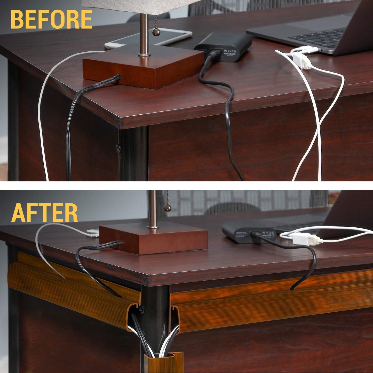 Cable Management Kit - 5-Pack 16-Inch J Channel Wire Organizers for Cords - Easy to Install Cord Hider Kit for Desk, Office, and Kitchen Use - Cable Management Under Desk by Simple Cord (Brown)