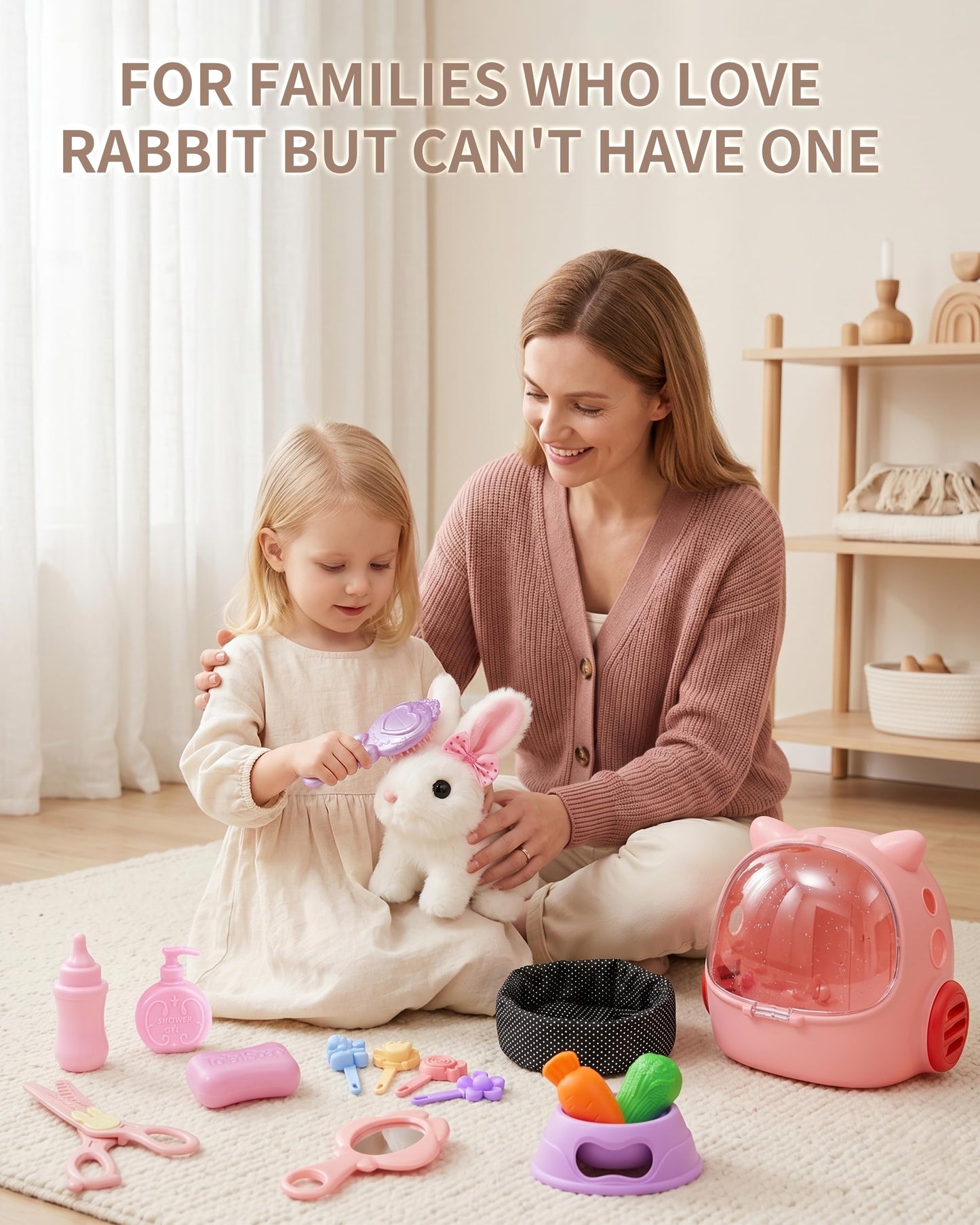 Eohemeral 23 Pcs Hopping Bunny Toy for Kids 3-5 5-7, Electronic Interactive Rabbit with Backpack, Wiggling Ears Squeaking Plush Pet, Pretend Play Easter Birthday Gifts for Girls 4 6 8 Year Old