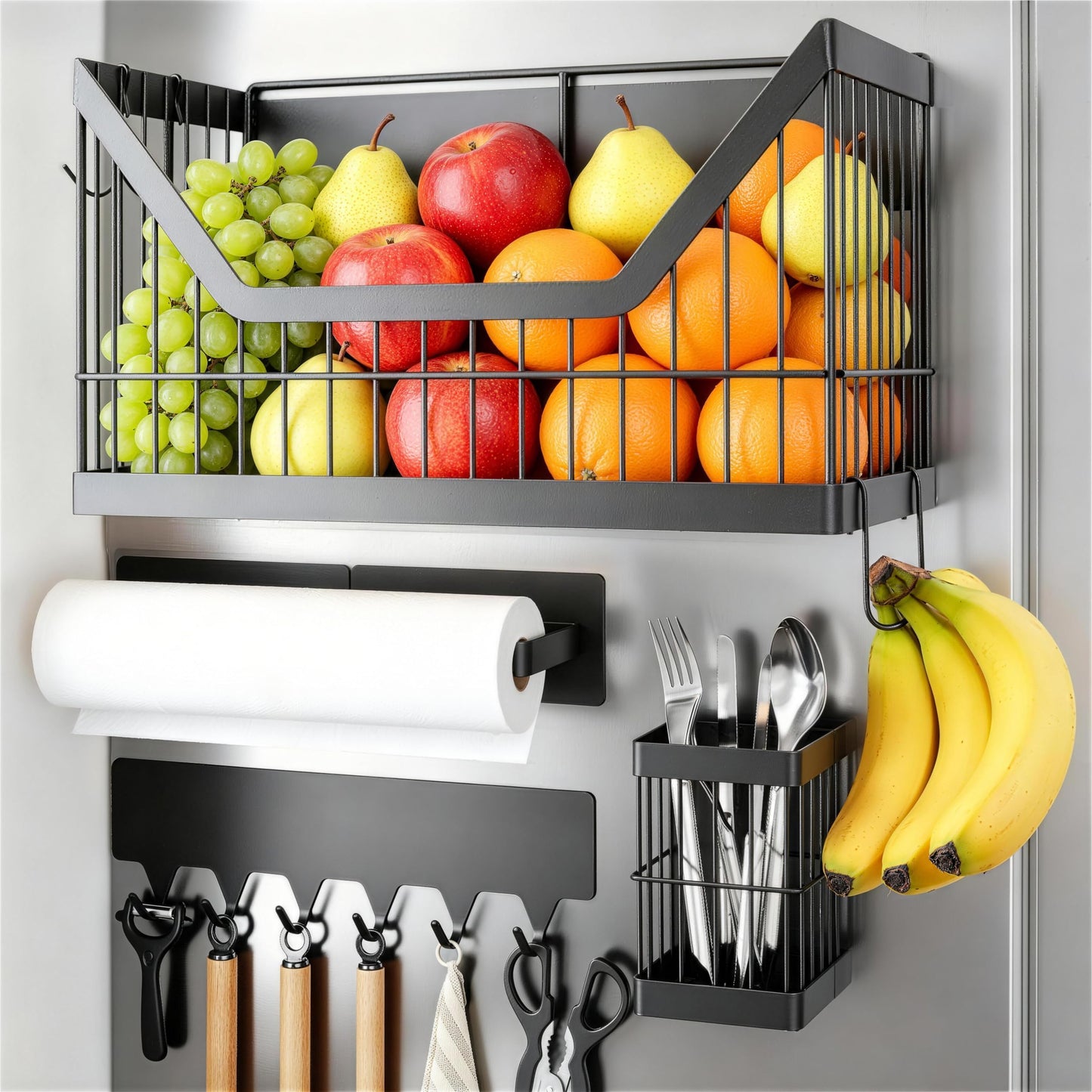 Nieifi Magnetic Shelf for Fridge 4 Pack, Onion Potato Storage, Magnetic Fridge Organizer- Fruit & Vegetable Storage Basket with Utensils Racks, Paper Towel Holder for Kitchen, Laundry Room