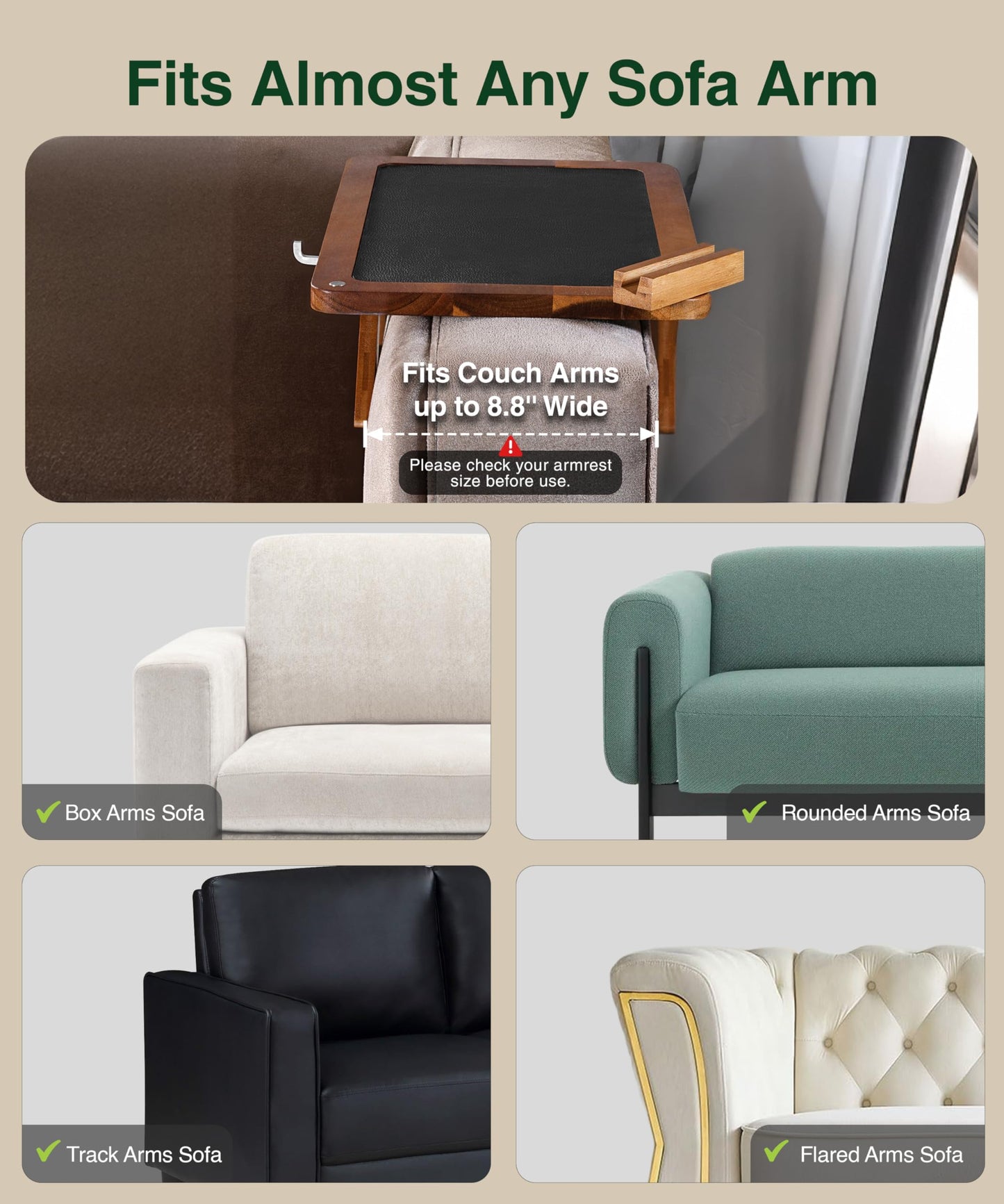 Acacia Couch Arm Tray Table – 2 in 1 Adjustable Couch Arm Table Fits Most Sofa Arms with 360° Rotating Phone Holder, Wire Holder & Non-Slip Mat – Elegant Sofa Tray for Snacks & Coffee