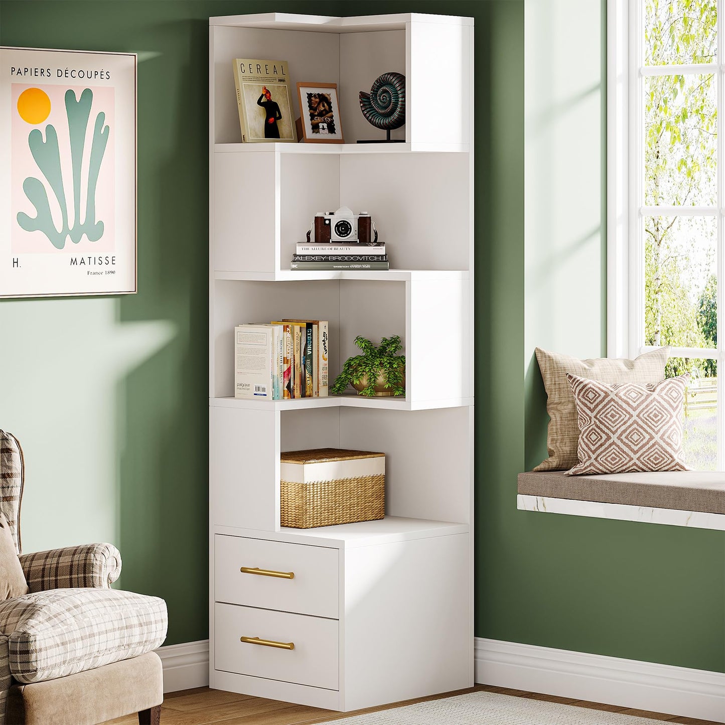 Tribesigns 5-Tier Corner Bookshelf with 2 Drawers, 66.9-Inch Tall Corner Bookcase Shelf, Modern Simple Corner Storage Cabinet Display Rack Shelf for Living Room, Home Office (White)