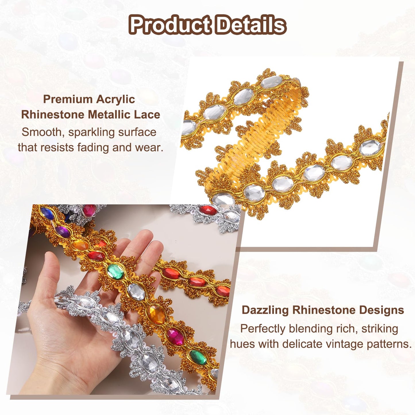 MECCANIXITY 5 Yards Braid Trim, 1.6 Inch Gemstone Beaded Lace Trim Wave Gem Braid Strip Paillette Ribbon for Crafts, Embellishments, DIY Sewing Costume, Gold+Silver
