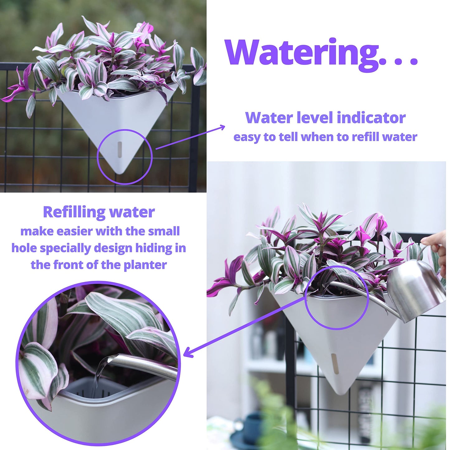 LaLaGreen Bundle - 12" x 2 Pack Black + 12" x 4 Pack White Large Self Watering Geometric Hanging Flower Vase Vessel with Metal Hanger, Modern Stylish Wall Mounted Succulent Pot Holder Decor