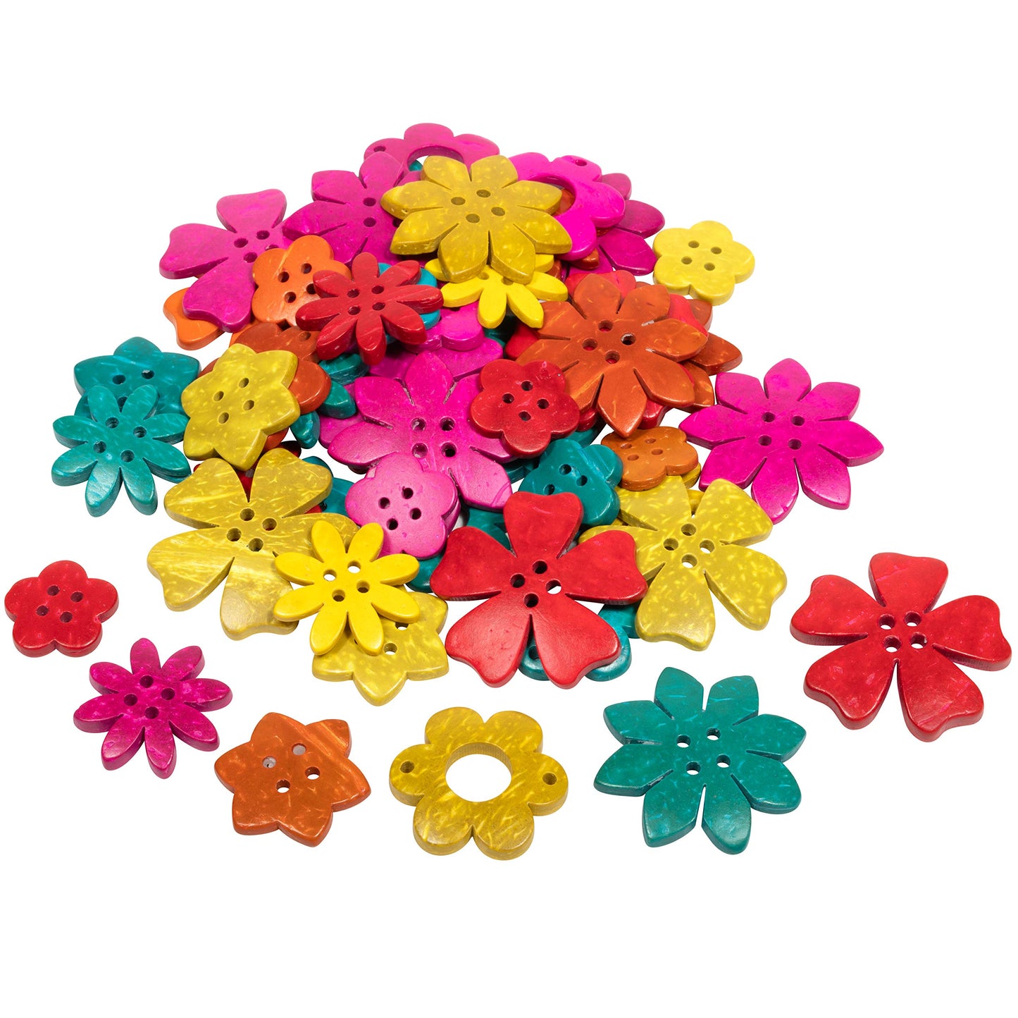 READY 2 LEARN Coconut Flowers - Set of 50-6 Shapes - 5 Colors - Natural, Hand Made Counters for Kids - Use for Crafts and Jewlry Making