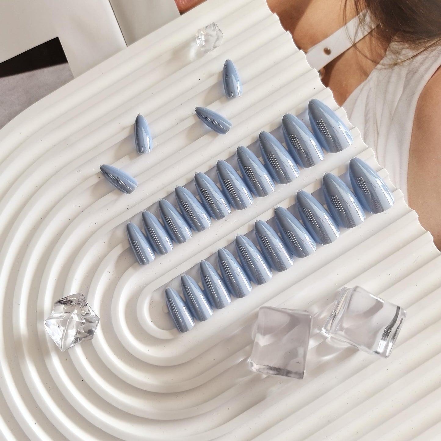 Baby Blue Press On Nails Almond - KQueenest Chrome Press On Nails Medium, Sparkle Fake Nails Press ons Glitter Glue on Nails Medium Stiletto with Glazed Finish, Stick On Nails for Women Wedding Wear