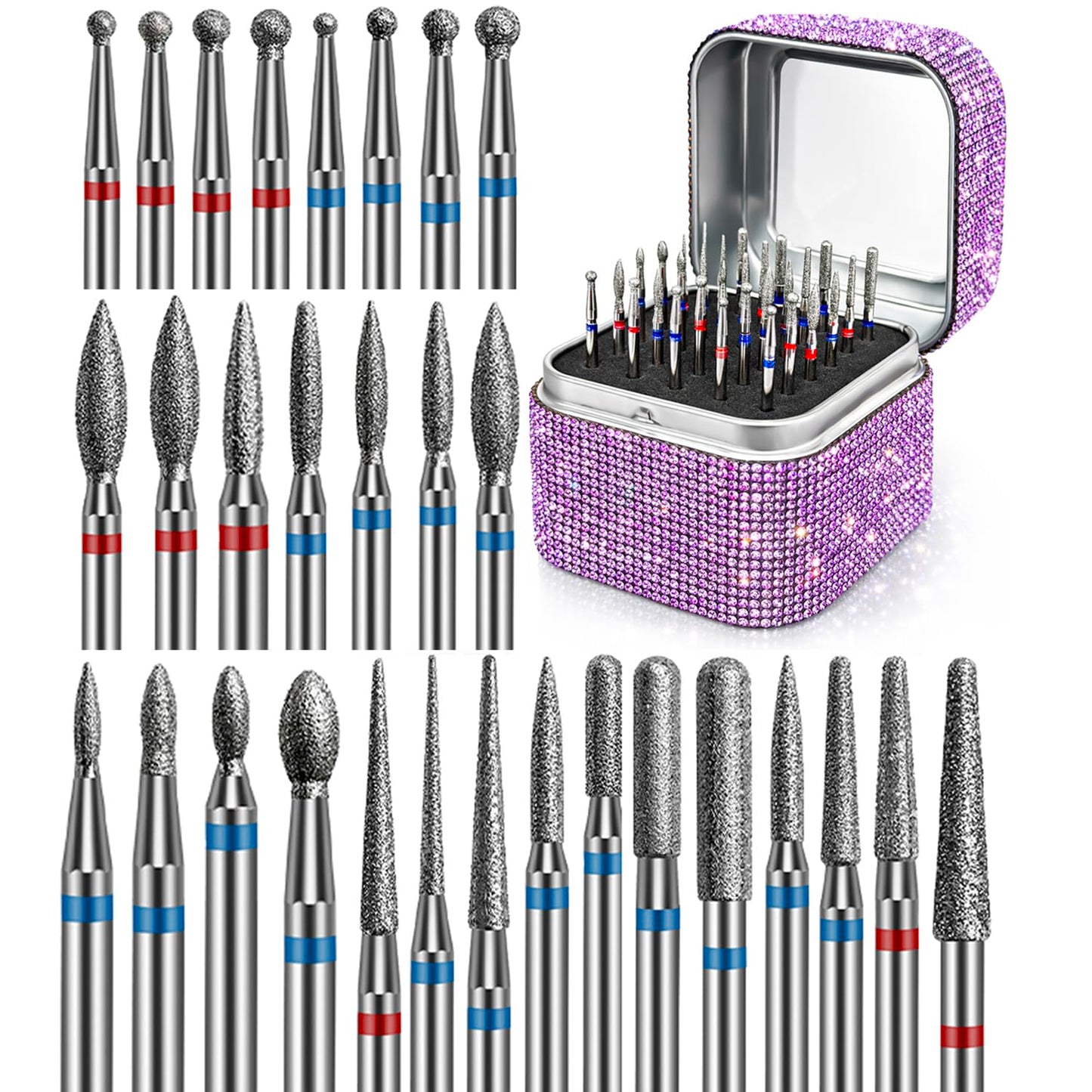 30PCS Nail Drill Bits Set with Holder Case, Professional 3/32 Inch Diamond Cuticle Nail Bits Kit for Nail Drill Machine, Manicure Pedicure Remover Tools Efile Tip for Acrylic Gel Nails, Salon Home