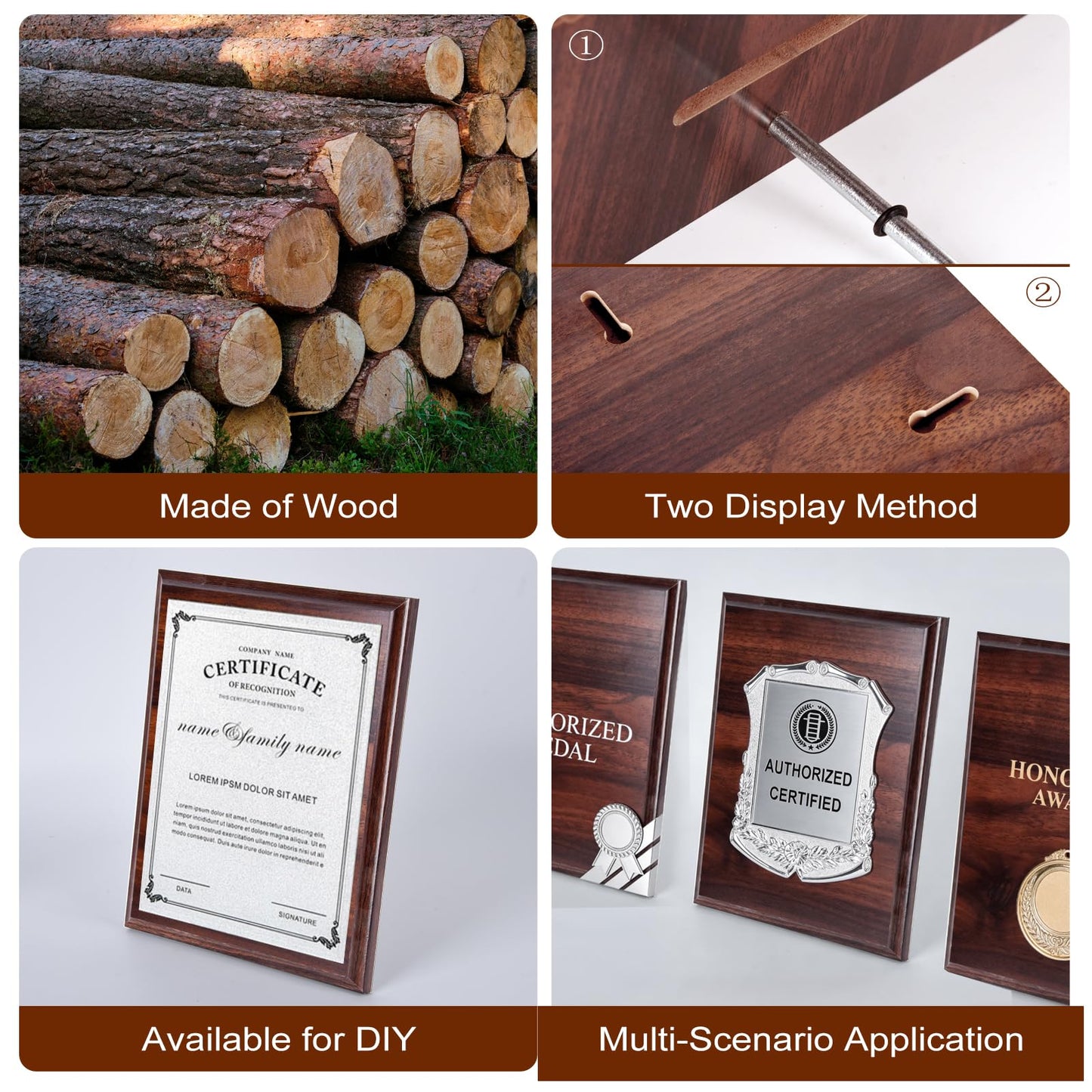 4 Pcs 8 x 10 In DIY Blank Award Plaque, Wood Personalized Engraved Plaque for Wall or Tabletop Display, Trophy Gift for Thank You, Photo, School, Sports, Special Achievements, Retirement