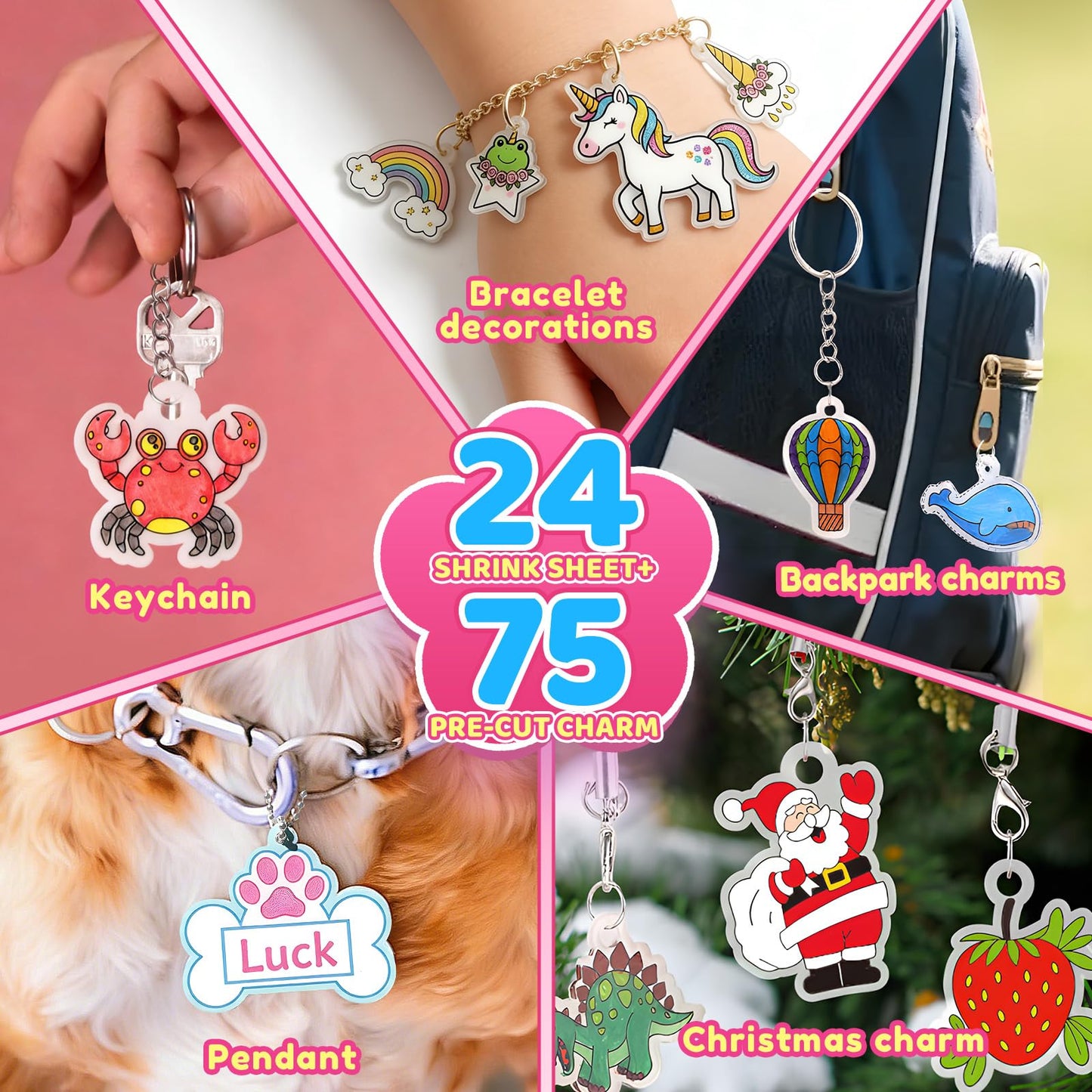 201pcs Shrink Paper Keychain Kit, 24 Blank & 12 Pre-Cut Sheets (75 Patterns) Crafts Kits for Kids Adults, Shrinking Art Activity Set with Hole Punch & Keychain Jewelry Accessories for DIY Crafts