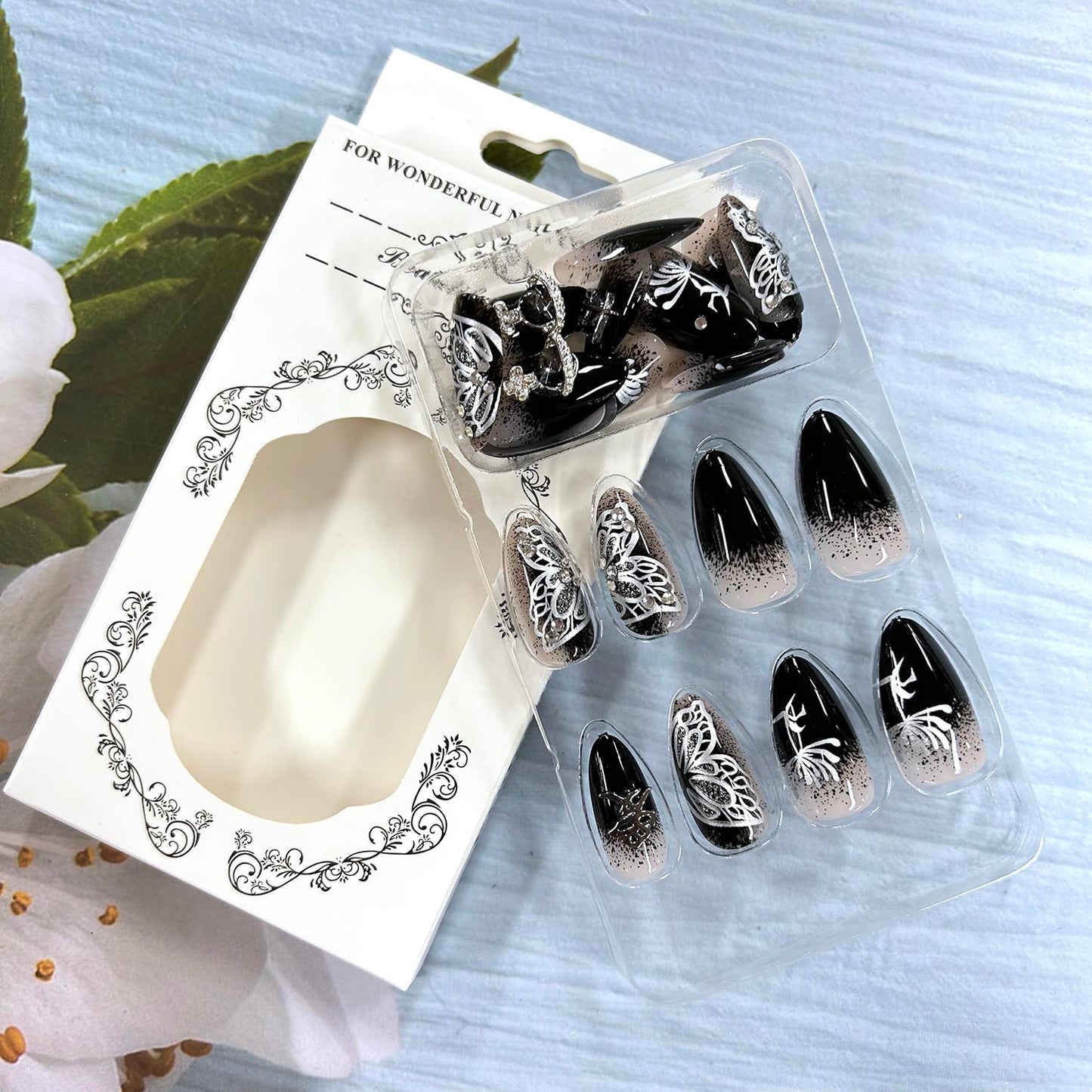 Butterfly Medium Black Gradient Almond Tip Full Cover Coffin Nails - Rhinestones Design, DIY Glue on Nails for Women