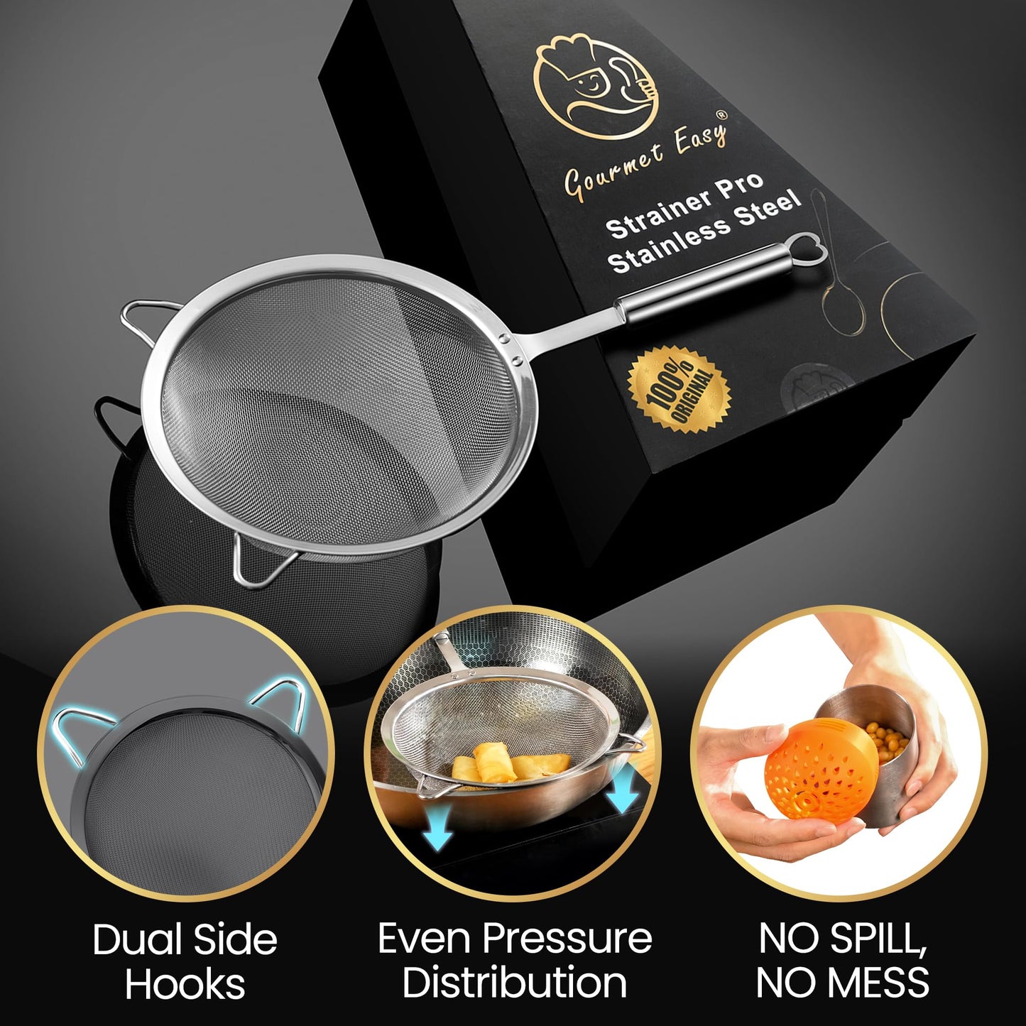 Stainless Steel Fine Mesh Strainer Set, Colander Set with 1 Large Flour Sifter (Sturdy Handle), 1 Small Mesh Sieve for Pasta & Rice, 1 Silicone Can Strainer – Durable, Dishwasher Safe, 5-Year Warranty