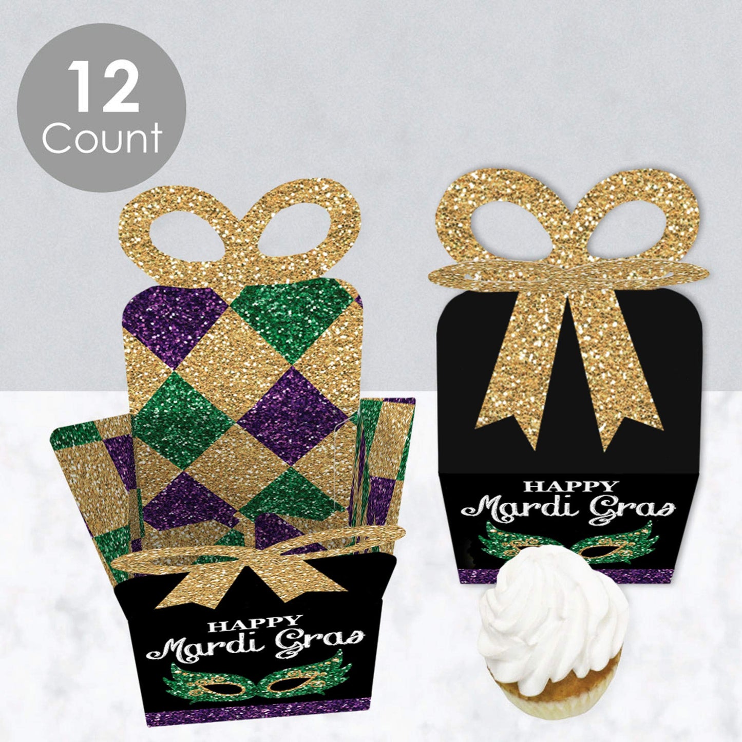 Big Dot of Happiness Mardi Gras - Square Favor Gift Boxes - Masquerade Party Bow Boxes - Set of 12