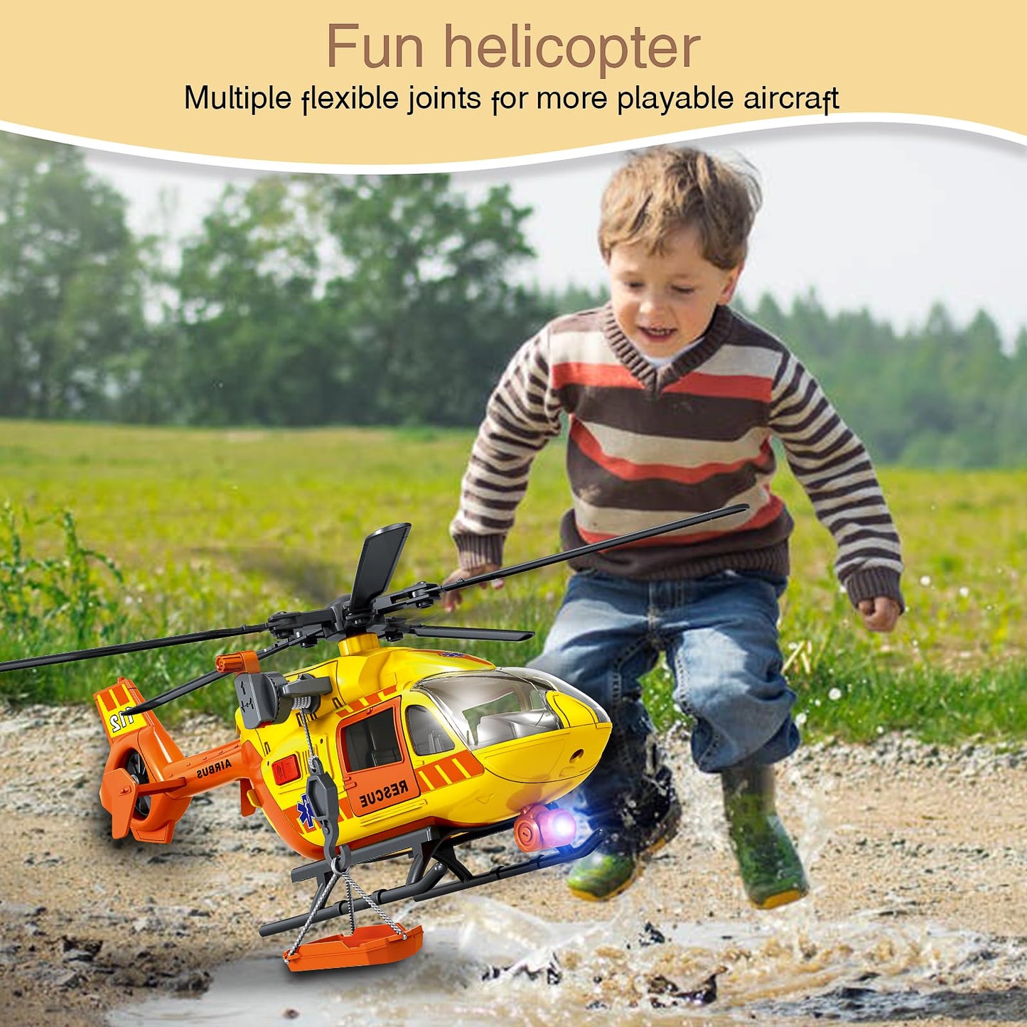 XUEXUE Large Rescue Helicopter Toy 15 Inch, Yellow Emergency Helicopter with Crane & Hanging Tray, Lights and Sounds, 112 Rescue Sign, Helicopter Toys for Kids 3-7, Birthday Gift