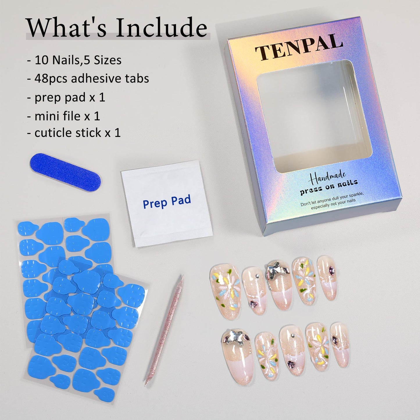 TENPAL French Tip Press on Nails Short Almond Gradient Pink Nails Press Ons with Fireworks Flower Butterfly Chain Designs Cat Eye Nails Press ons Glossy Artificial Glue on Fake Nails Short(S)