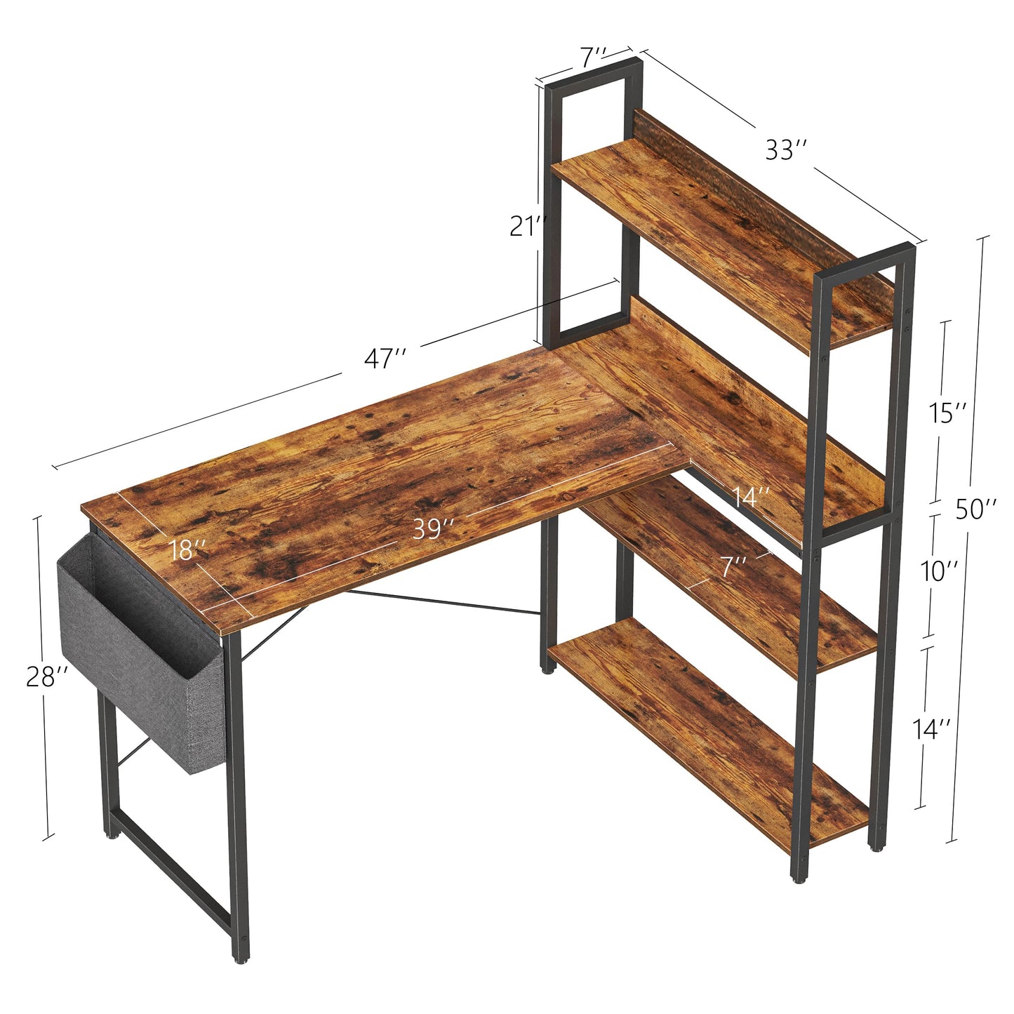 Treesland 47 Inch Computer Desk with Bookshelf, Corner Desk with Storage, L Shaped Desk, Home Office Desks, Writing Study Desk for Bedroom, Brown