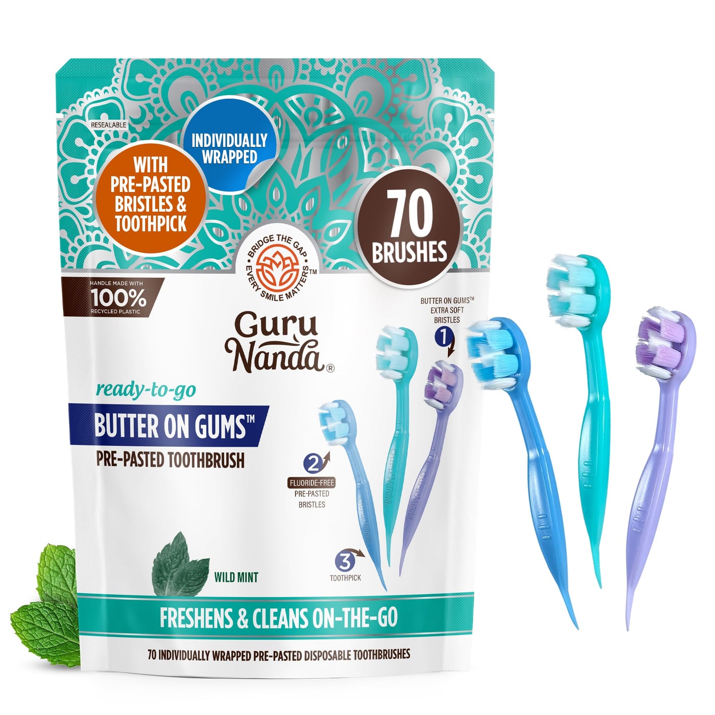GuruNanda Ready-to-Go Disposable Mini Travel Toothbrush - Butter on Gums Softex Bristles, Prepasted Toothbrush & Toothpick - Fluoride-Free, No Rinsing Needed, Individually Wrapped, 70 Ct