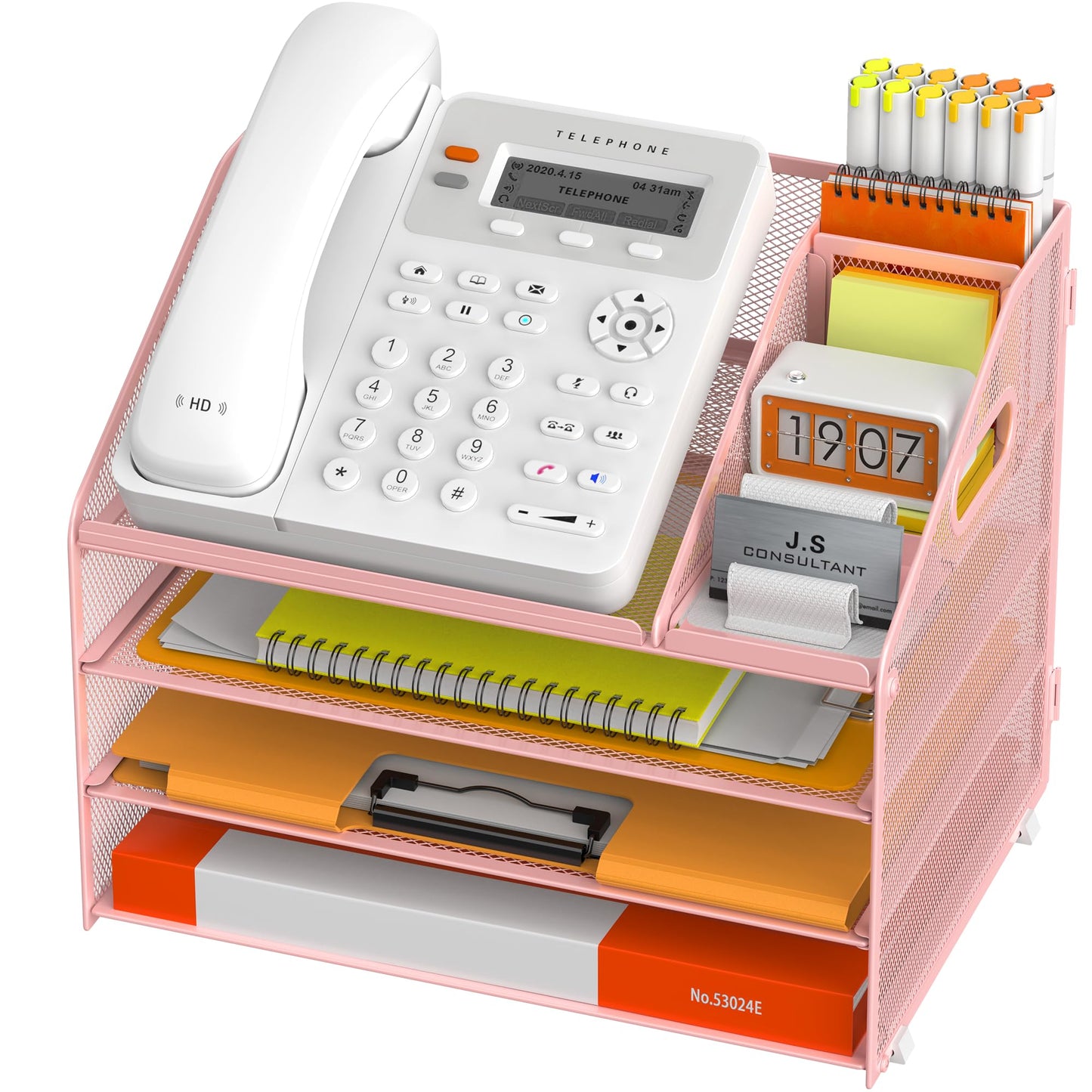 DocNest 4 Tier Metal Mesh Letter Tray - Space Saving Desk File Organizer with Handle, Pen Holder & Folder Holder - Desktop Document Sorter for Office, Home, School, Classroom - Pink