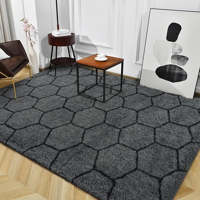 TWINNIS Super Soft Shaggy Rugs Fluffy Carpets, 6x9 Feet, Indoor Modern Plush Area Rugs for Living Room Bedroom Kids Room Nursery Home Decor, Upgrade Anti-Skid Rectangular Fuzzy Rug, Dark Gray