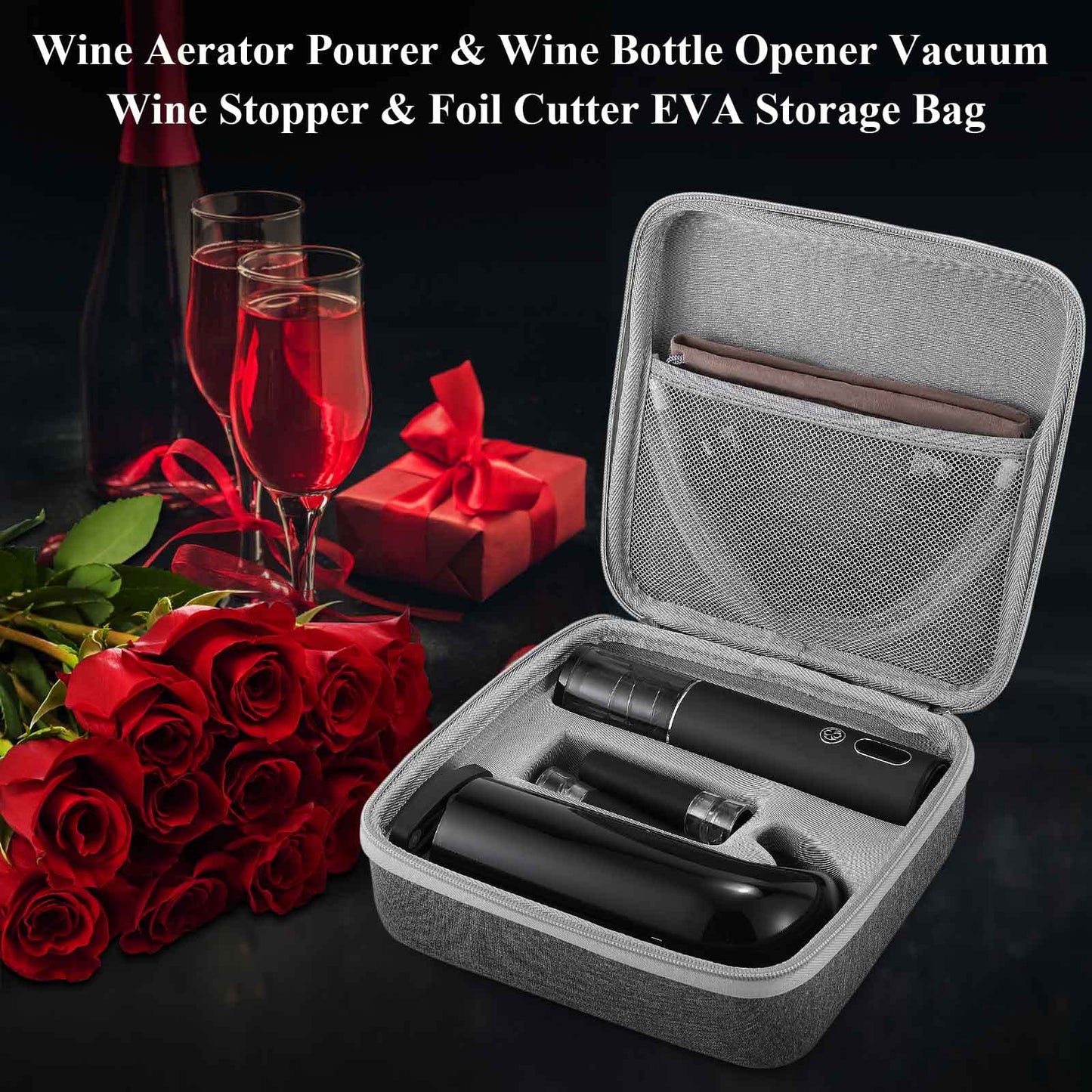 Wine Opener Valentines Day Gift Set with Electric Wine Bottle Opener, Wine Decanter&Wine Aerator and Pourer, wine stopper, Foil Cutter and EVA Storage Bag, Rechargeable and Automatic(Black)