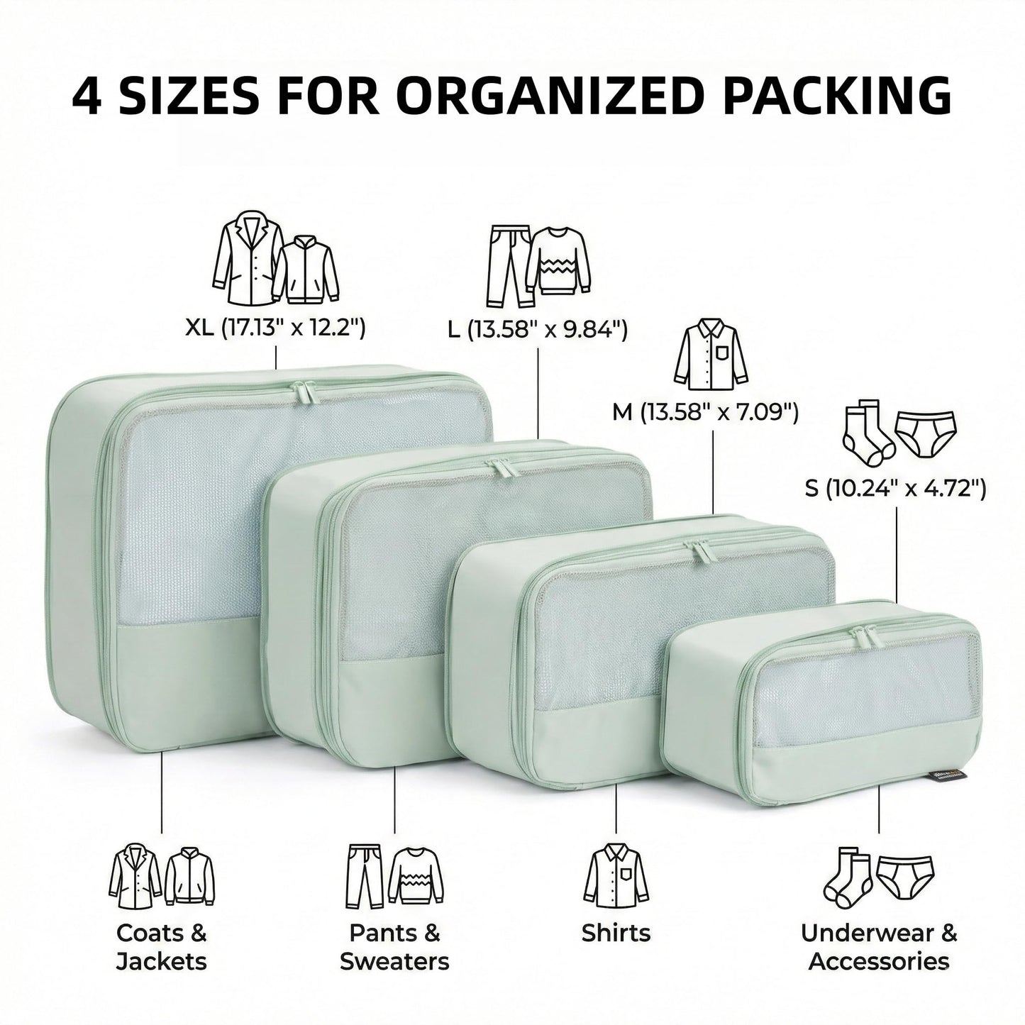 SOARSAIL 4 Piece Compression Packing Cubes for 3–7 Day Travel, Lightweight Travel Organizers with Breathable Mesh, Double-Zipper Packing Cubes for Carry-On & Suitcases (Light Green)