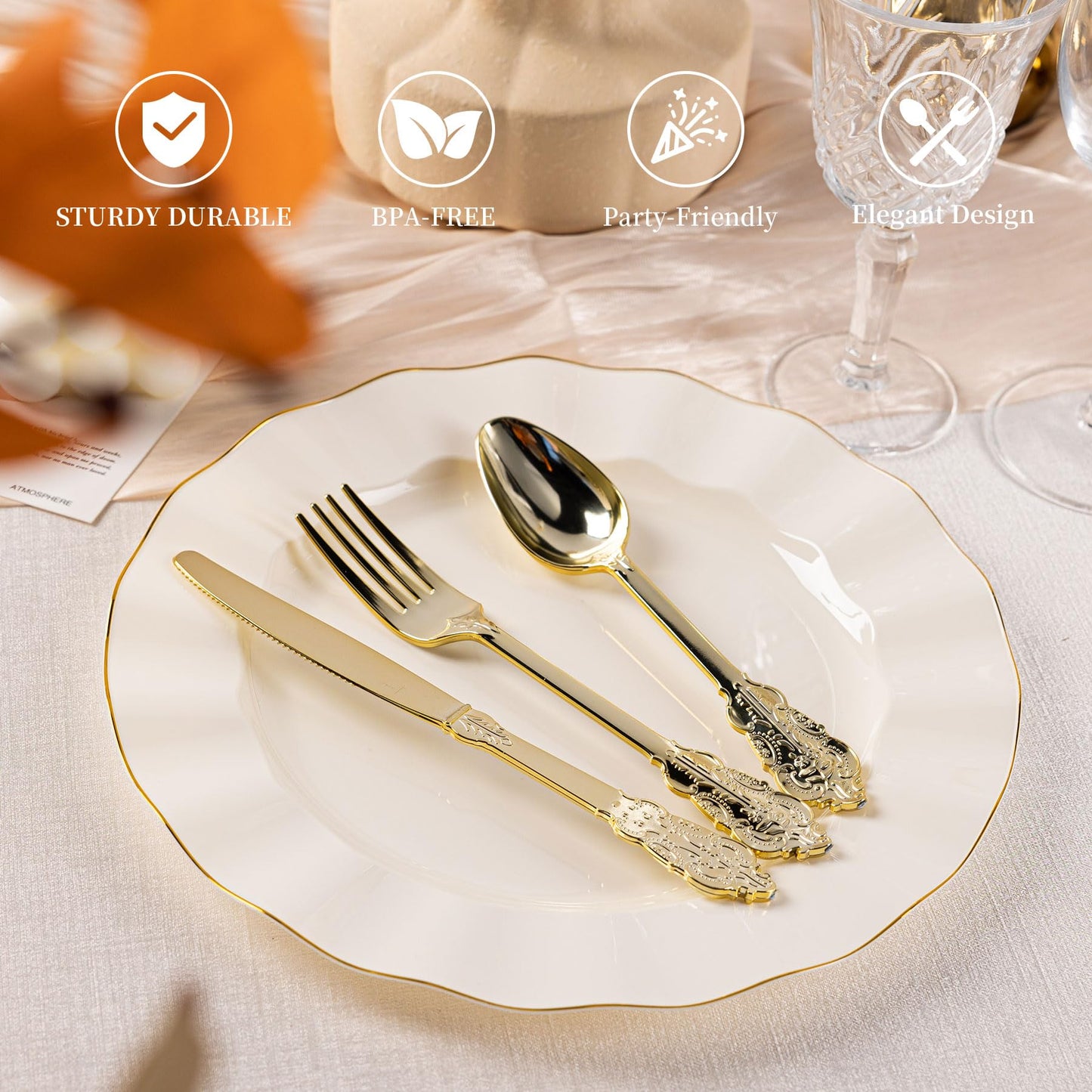 HOMIP 160PCS Gold Plastic Silverware Set Disposable Utensils -Include 80 Forks,40 Knives,40 Spoons -Heavyduty Cutlery Set for Vintage Wedding Party and Daily Use