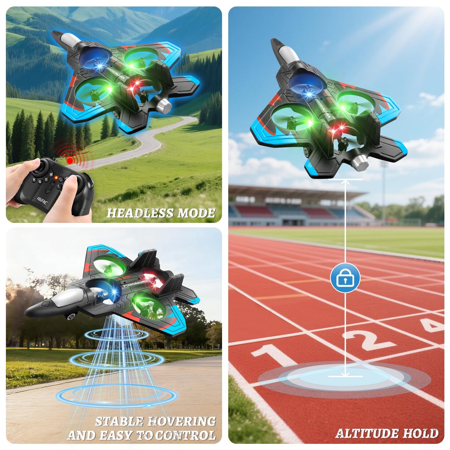 RC Plane for Kids Adults, Foam Remote Control Airplanes Fighter Jet Drone with 2 Batteries, 360° Flip, LED Light, Stunt Roll, Altitude Hold, Easy to Fly for Beginners, Toy Gift for Boys Girls 8-16+