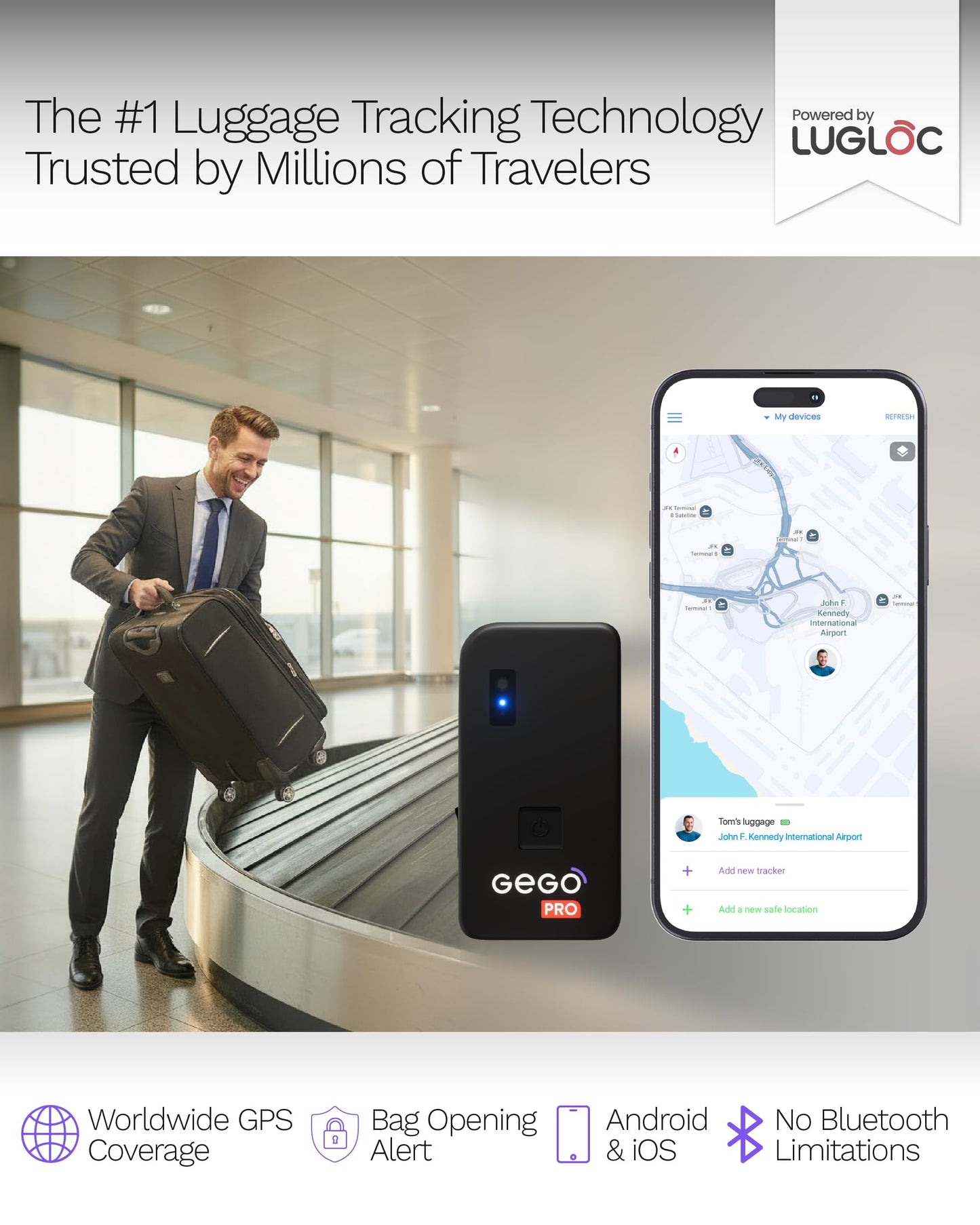 GEGO PRO – GPS Luggage Tracker Designed for Travel, Real-Time Global Tracking for Bags & Gear, Bag-Opening Alert, Worldwide Coverage, 4G LTE Connectivity, Unlimited Range. Subscription Required.