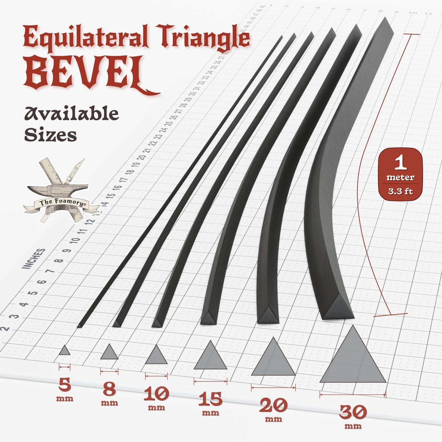 The Foamory's Instant Edge EVA Foam Pre Cut Equilateral Triangle Bevel. 5-30mm x 1M Black EVA Beveled Trim Save Time on Cosplay, Costume Edging and Armor Detail. High Density 85kg/m³ Craft Foam Dowel