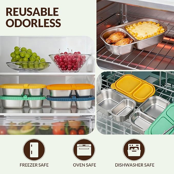 HI-REEKE 13 OZ Stainless Steel Snack Containers with Lids, 4 PCS Reusable Double Compartments Metal Snack Packs for Sauce