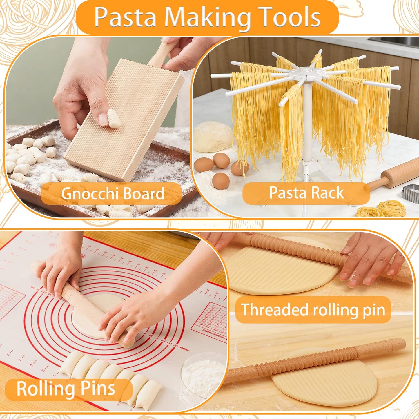 10pcs Pasta Making Tools, Wood Pasta Making Kit with Pasta Drying Rack,Rolling Pins,Gnocchi Board,Dough Cutter,Ravioli Cutter,Pasta Stamps,Making Dumplings .Pasta Making Accessories for Home