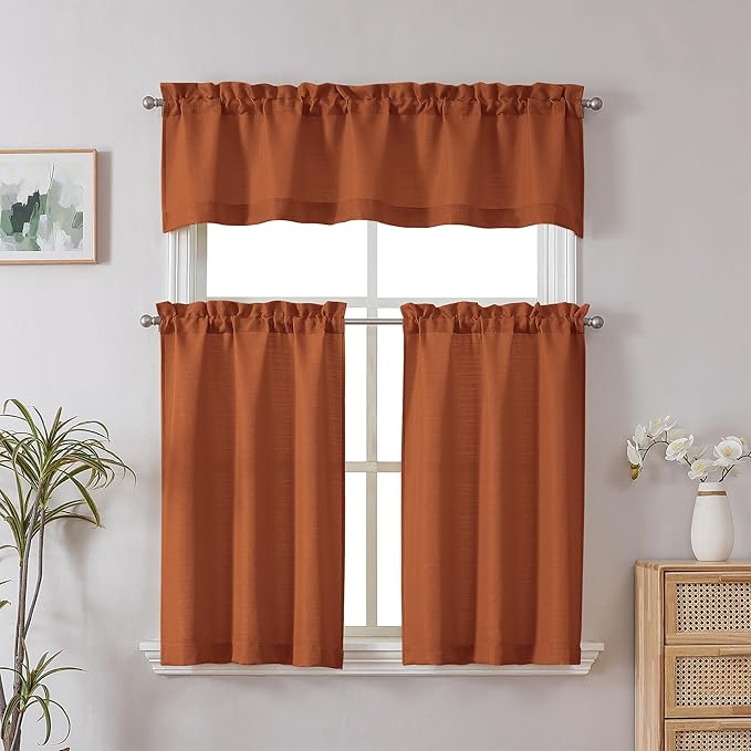 Chyhomenyc Orange Curtains 63 Inch Length 2 Panels, Faux Linen Textured Semi Sheer Light Filtering Soft Airy Rod Pocket Window Treatment Drapes for Living Room Bedroom, 40Wx63L Inch, Set of 2