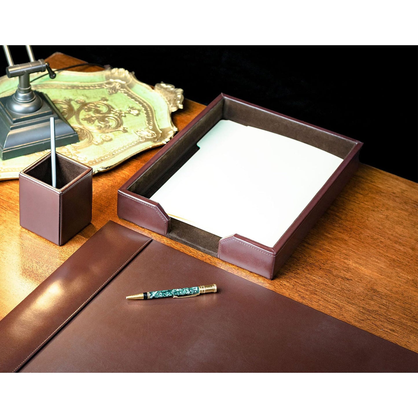 Dacasso Brown Bonded Leather Luxury 3 Piece Desk Set - Blotter Pad & Desk Organization Essentials - Executive Decor and Surface Protector